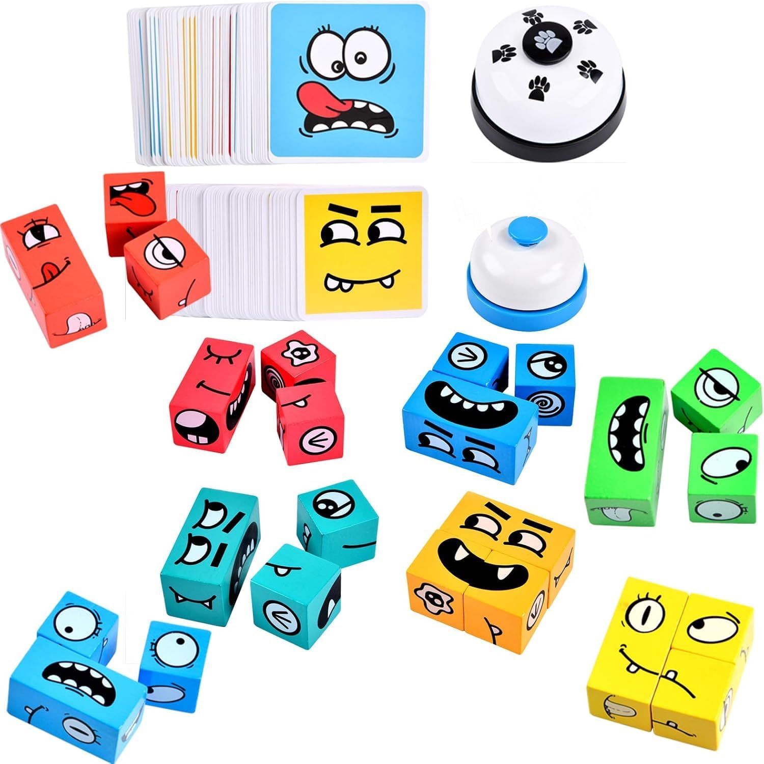 Wooden Face Changing Magic Cube Game, Expression Puzzle Building Blocks Pattern Matching Game, Educational Puzzles Toy Board Games for Kids and Adults with Bell
