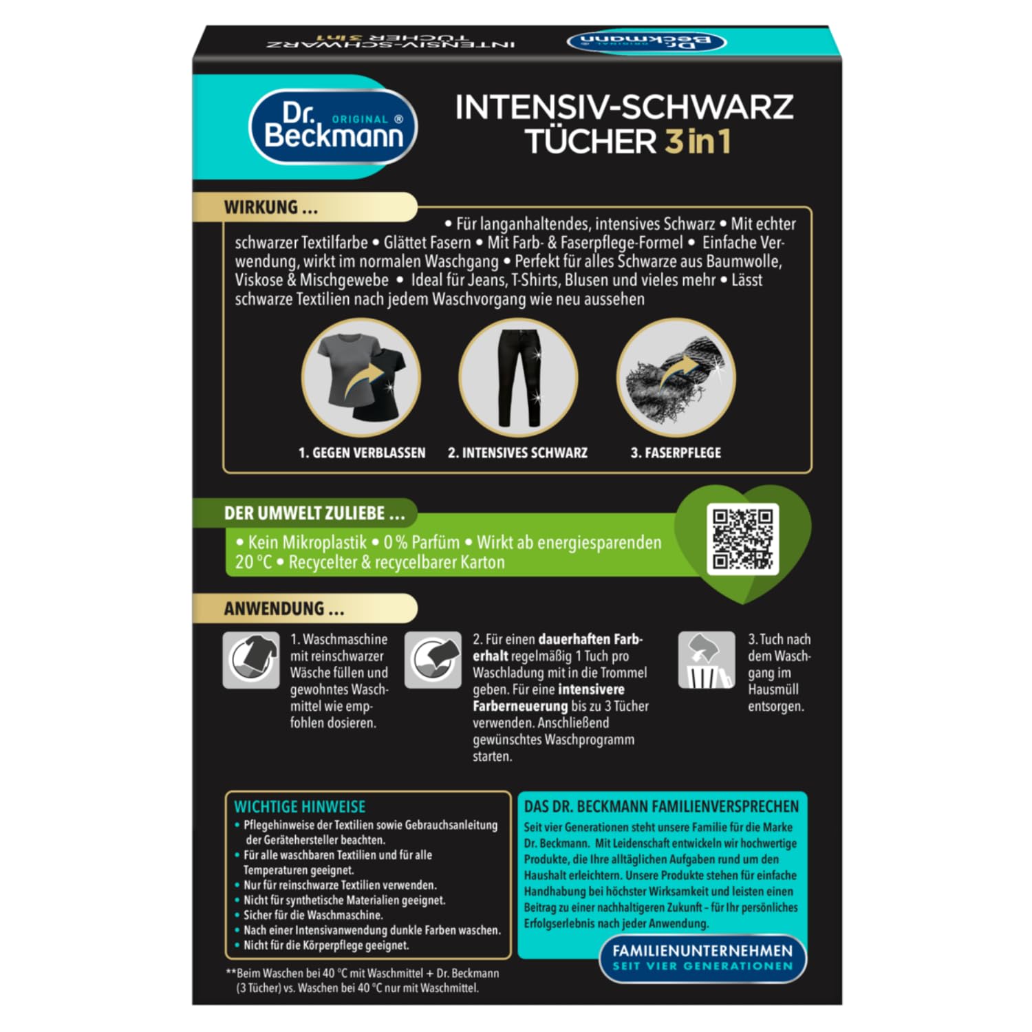 3 X Dr.Beckmann Intensiv-Schwarz-Tücher 2in1 pour Intense Noir