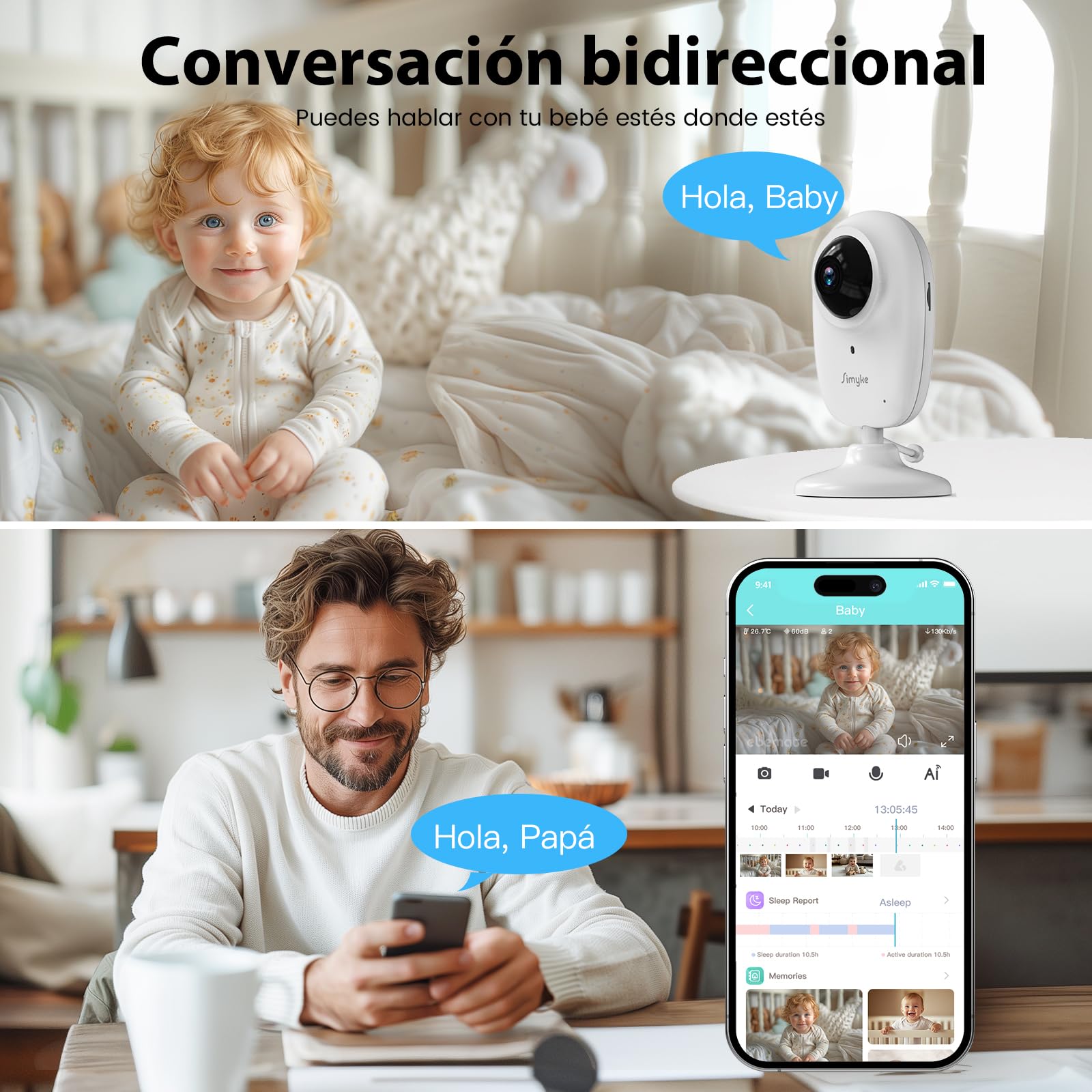 Monitor de Bebé Inteligente con Cámara y Audio, Modo Doble, Interruptor WiFi, Pantalla de 2.8 Pulgadas, App, Cámara 1080p, Alcance de 450 Metros, Visión Nocturna, Comunicación Bidireccional