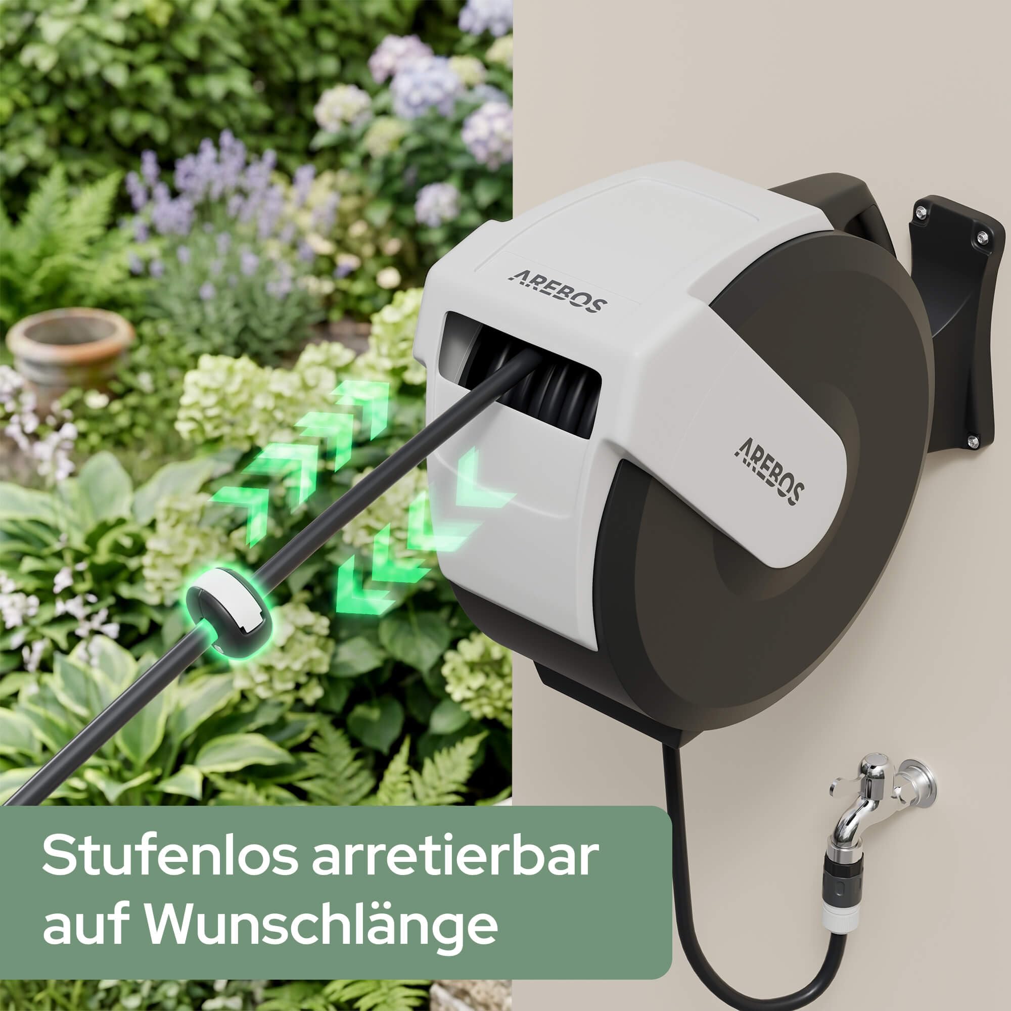 Arebos Schlauchtrommel Schlauchrolle Gartenschlauchaufroller 35 m | Wandschlauchbox automatisch | Wandmontage 180° schwenkbar | Stop-Funktion | Handbrause 7 Sprühfunktionen | Mehrschicht-Schlauch