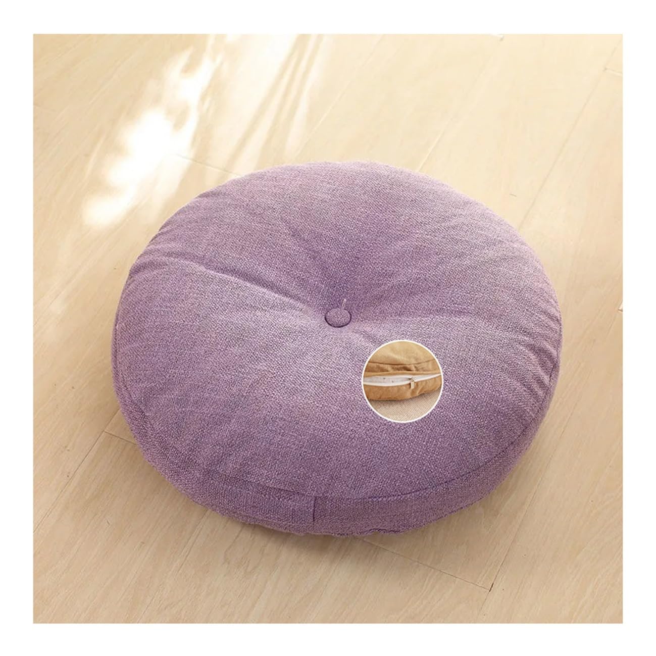 Hellviolettes rundes japanisches Kissen, abnehmbares dickes Leinen, Baumwolle, Sitzkissen, minimalistisches Yoga-Kissen für Fenster, Erkerung, Balkon, Zen-Zimmer, 45 cm