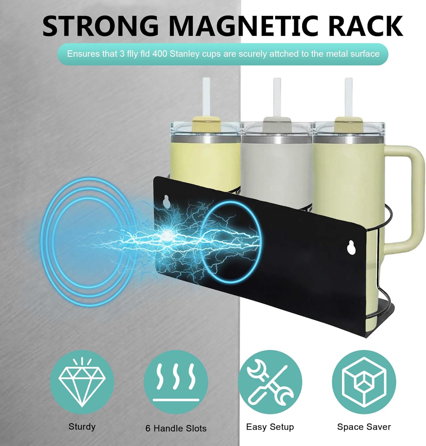 Stanley Fridge Magnetic Cup Holder (4-Piece Set) for Kitchen, 20-40 oz 6 Tumblers Water Bottles Organizers with 6-Hook & Lid Rack & Straw Holder, 2 Pack Black Accessory Storage for Bath Storage Room - Image 4