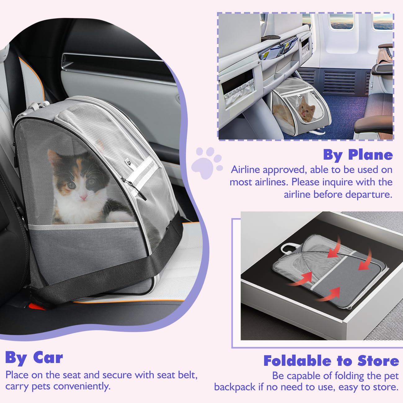 Pawaboo Mochila Portátil para Gatos y Perros, Mochila Transpirable para Mascotas con Cuerda de Seguridad Interior, Bolsa Transporte de Viaje para Gatos y Cachorros para Compras Viaje, Gris Oscuro