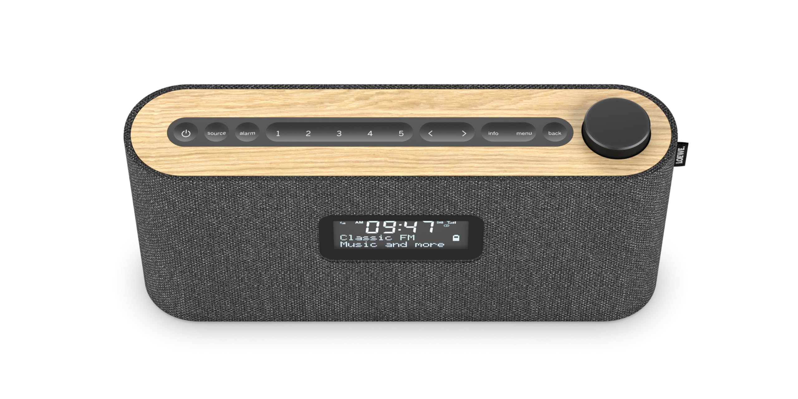 Loewe Radio.Frequency, Radio Dab+, 28 vatios de Sonido, Pantalla LCD, 14 Horas de Tiempo de reproducción, Madera, Tela, Radio, Larga duración de la batería, manejo fácil.