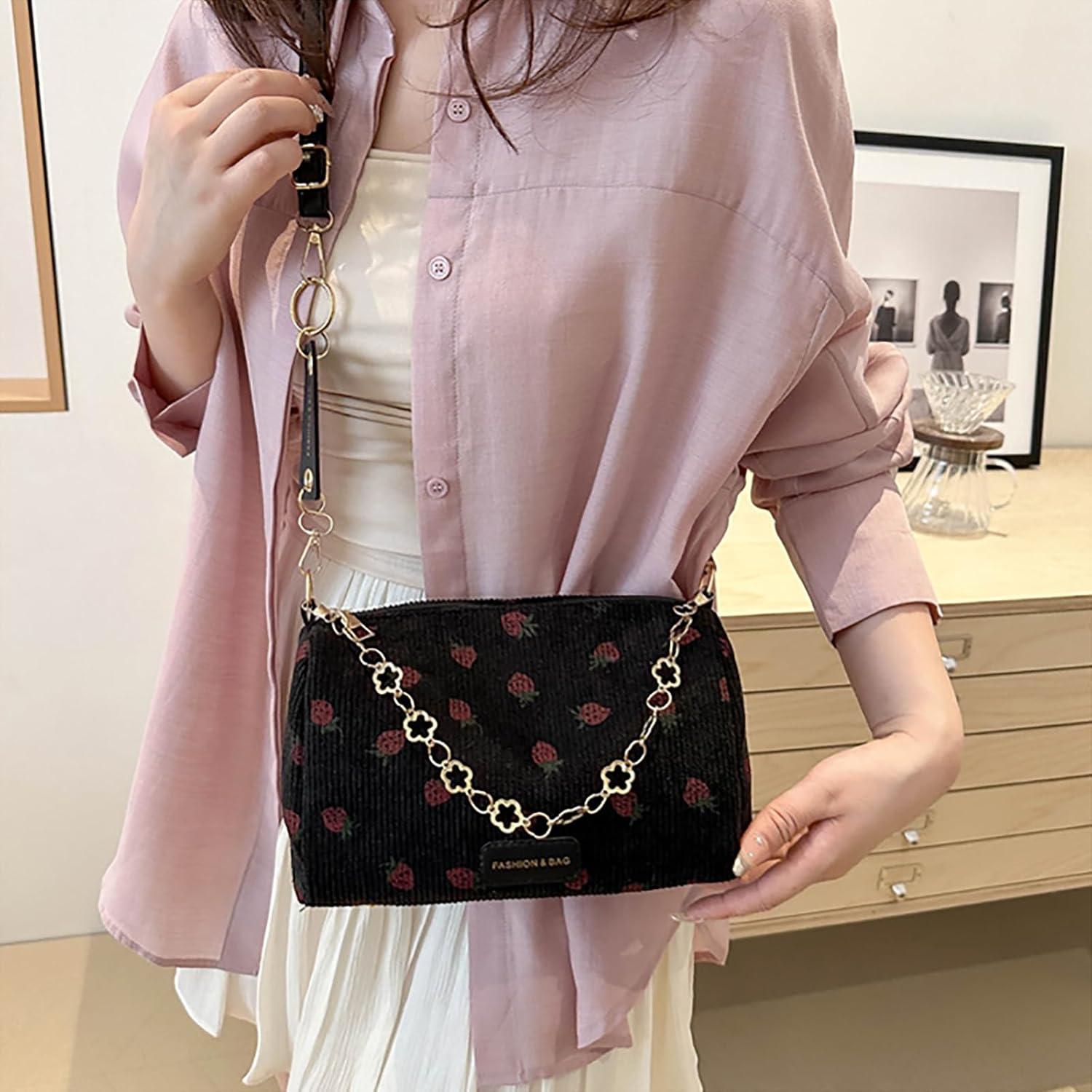 Cute Crossbody Bag for Women Strawberry Purse Corduroy Tote Bag Fashion Chain Aesthetic Handbags Travel Bags - Image 2