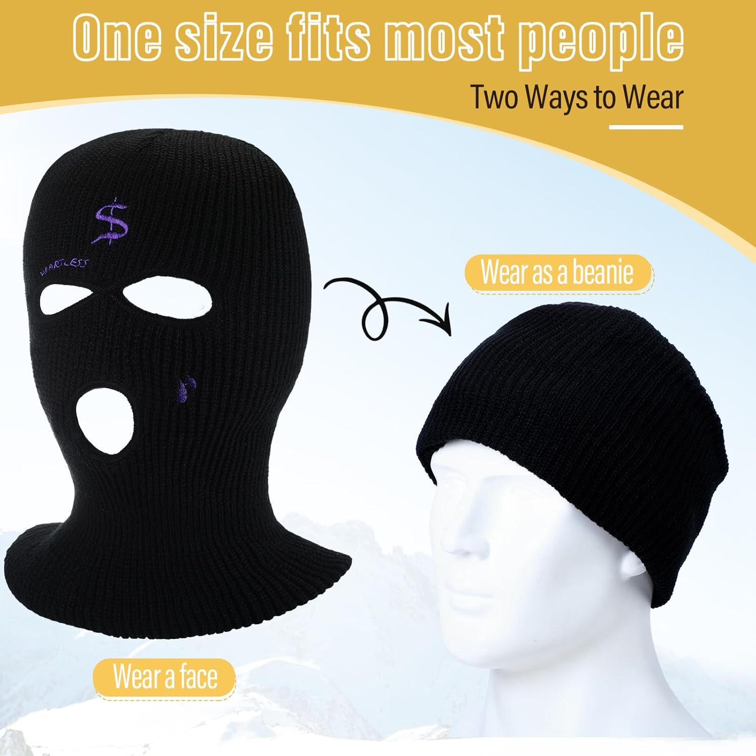 Handepo 2 Pcs 3 Hole Ski Mask Winter Warm Balaclava Full Face Knit Ski Hat Mask Knitted Full Face Cover for Men Women - Image 2