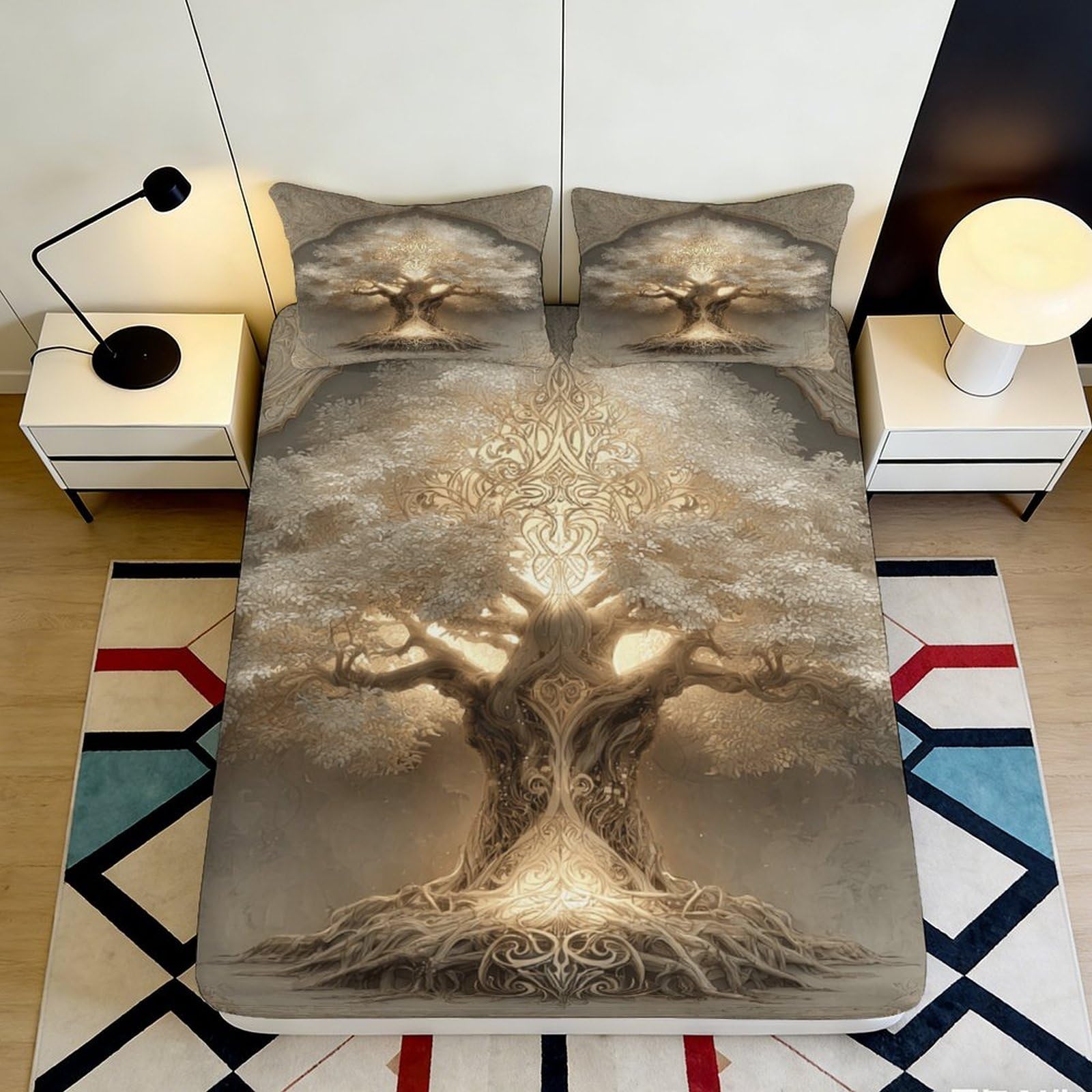 Uxinyoume Style-7 3D Printed Mystic Tree Fitted Sheet Microfiber Soft Non-Slip Forest Bed Cover For Bedroom Guest Room Mattress Protection 90X200x25cm