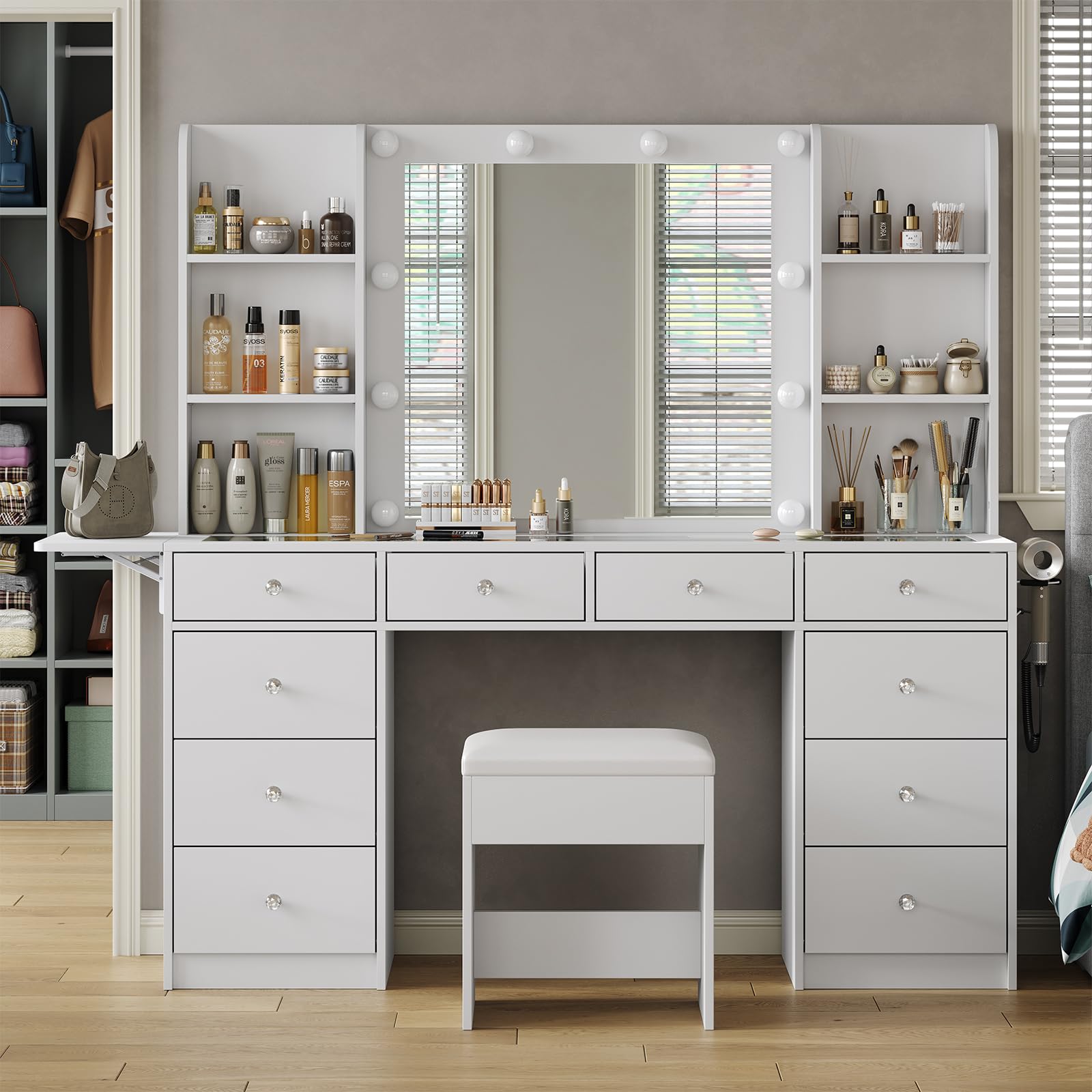 Yanosaku Vanity with Power Outlet, Vanity Desk with Mirror and 10 LED Lights, 10 Drawers Makeup Vanity with 6 Shelves, Fold-up Panel, Dressing Table