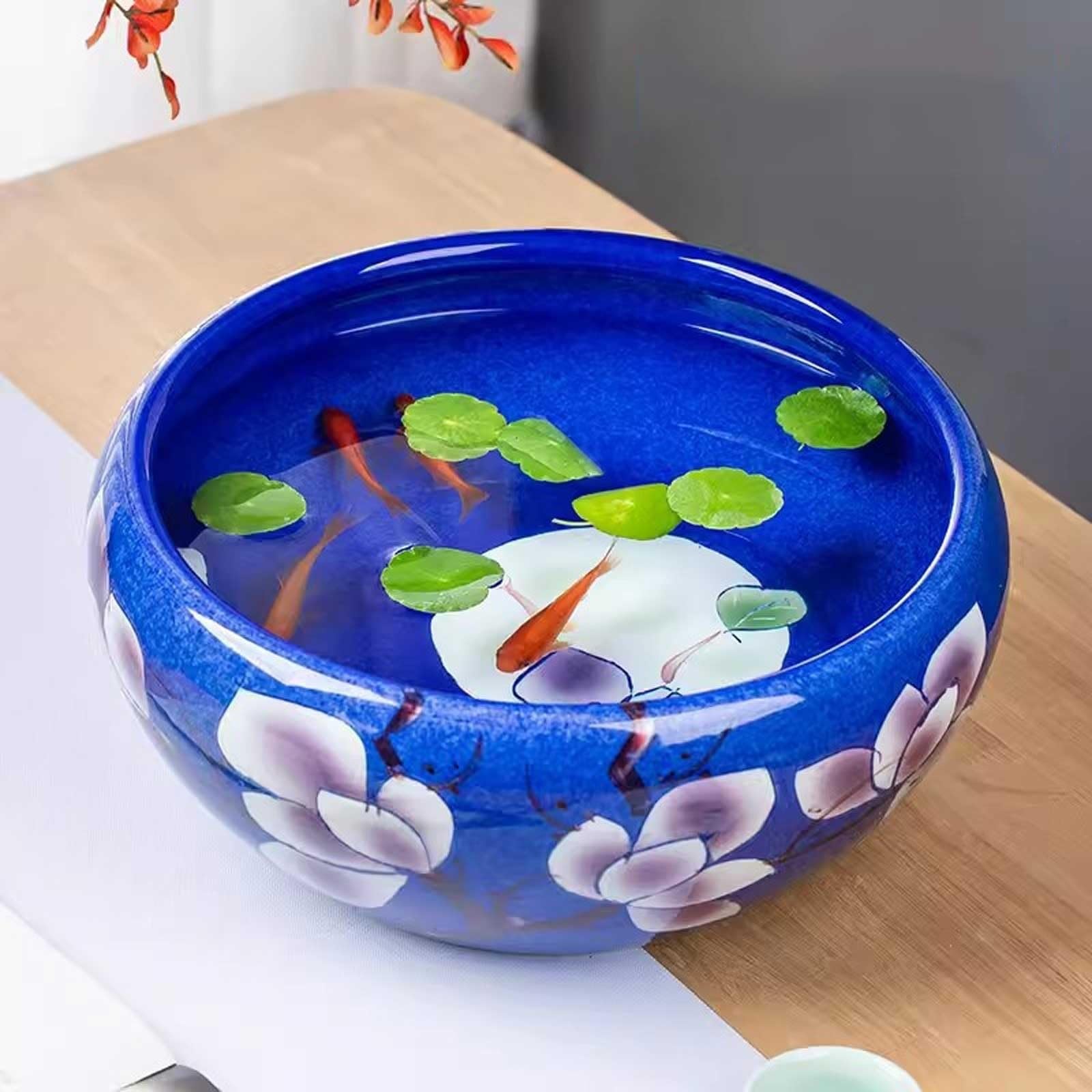 Acquario per Pesci Acquario in ceramica con motivo a magnolia blu scuro, decorazione da tavolo for buona fortuna, acquario for tartarughe, vaso rotondo in ceramica for fiori Acquari(41x41x17cm)