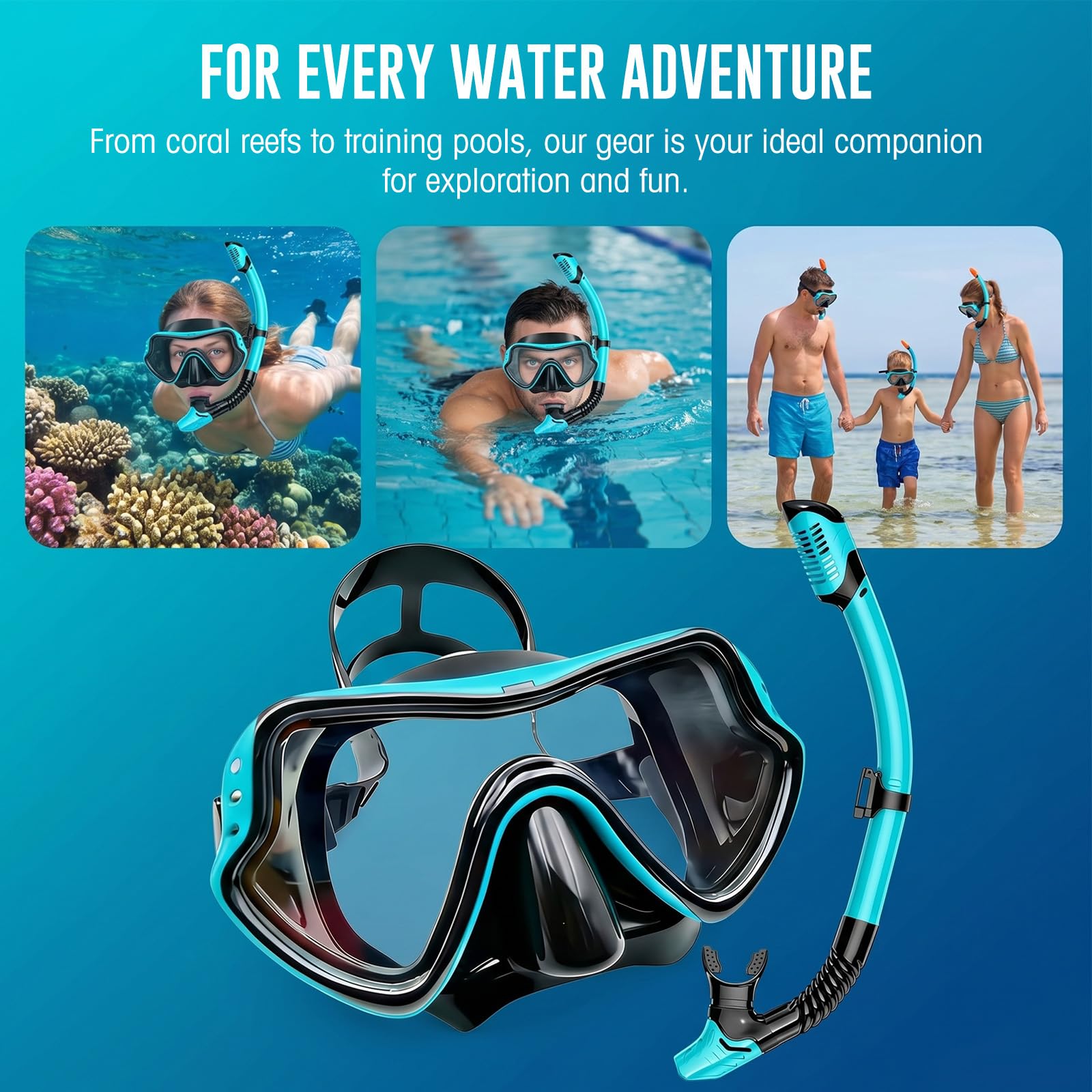 Schnorchelset Erwachsene mit Taucherbrille und Dry Schnorchel, Tauchmaske aus Gehärtetem Glas, Anti-Fog Anti-Leck, für Schwimmen/Schnorcheln/Tauchen
