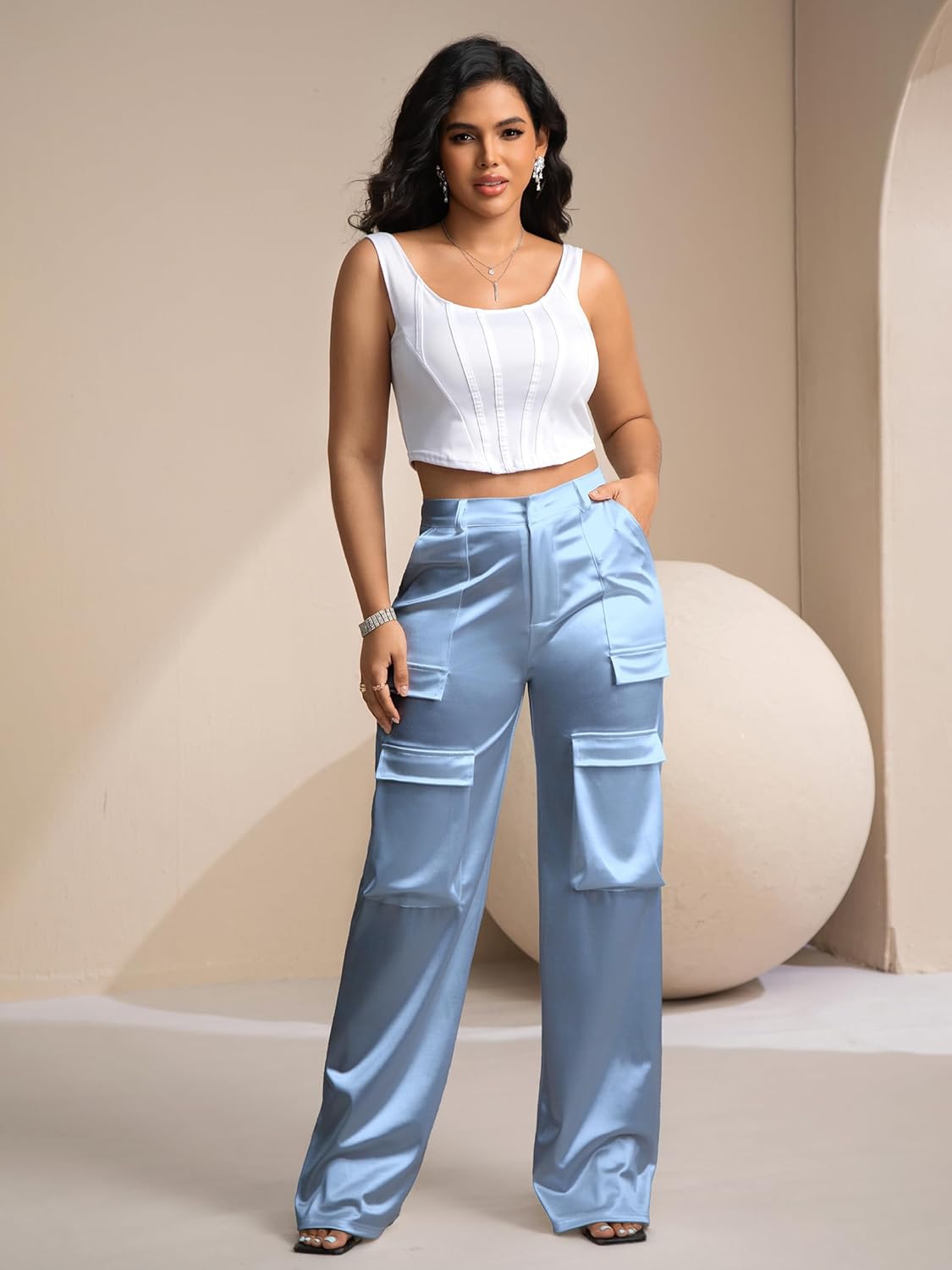 Metallic Satin Cargo Pants for Women High Waisted Wide Leg Pants with Pockets, Dressy Going Out Concert Outfits - Image 8