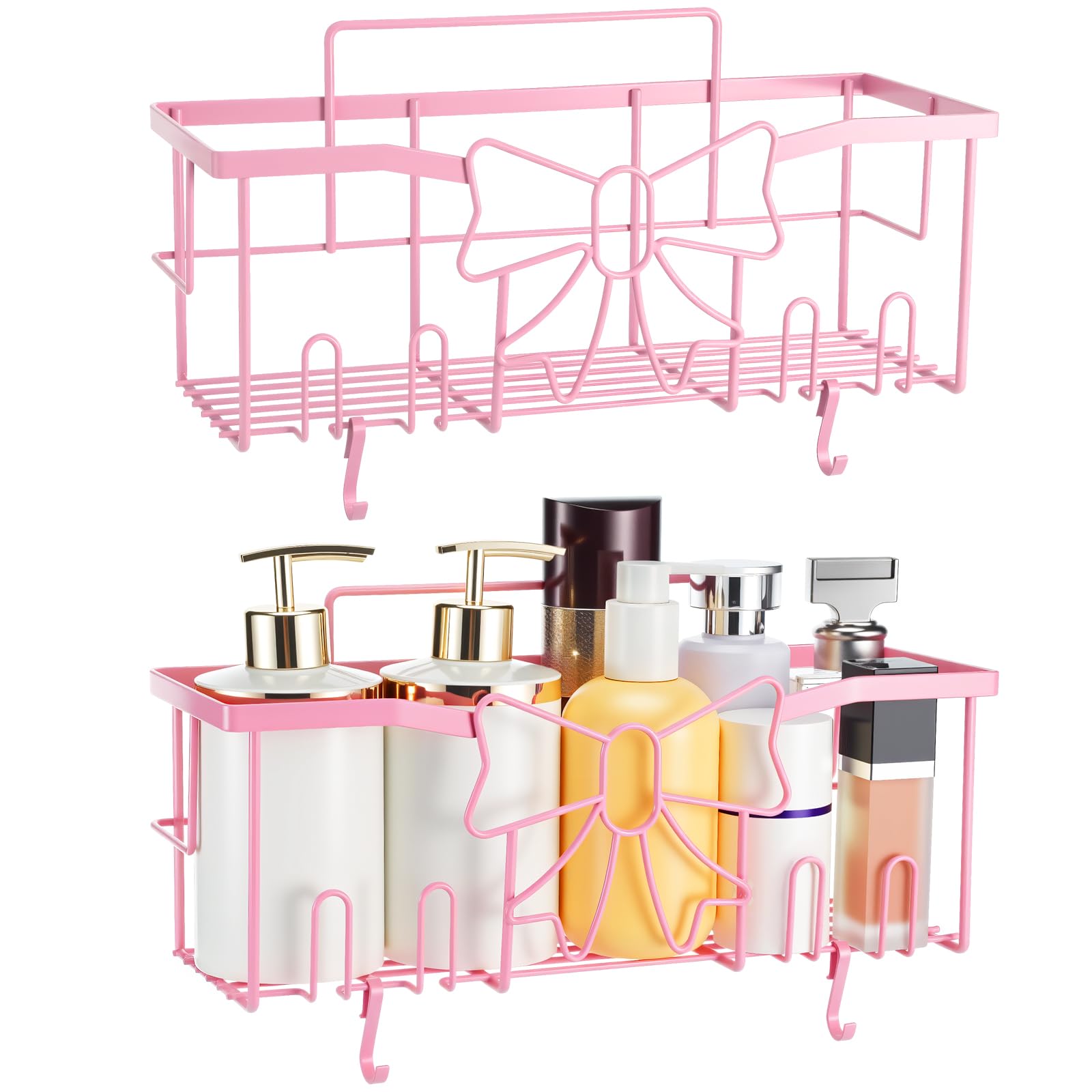 Reallnaive 2 Pack Pink Shower Caddy Bow Shower Shelves No Drilling Adhesive Pink Bathroom Organizer Coquette Bathroom Decor
