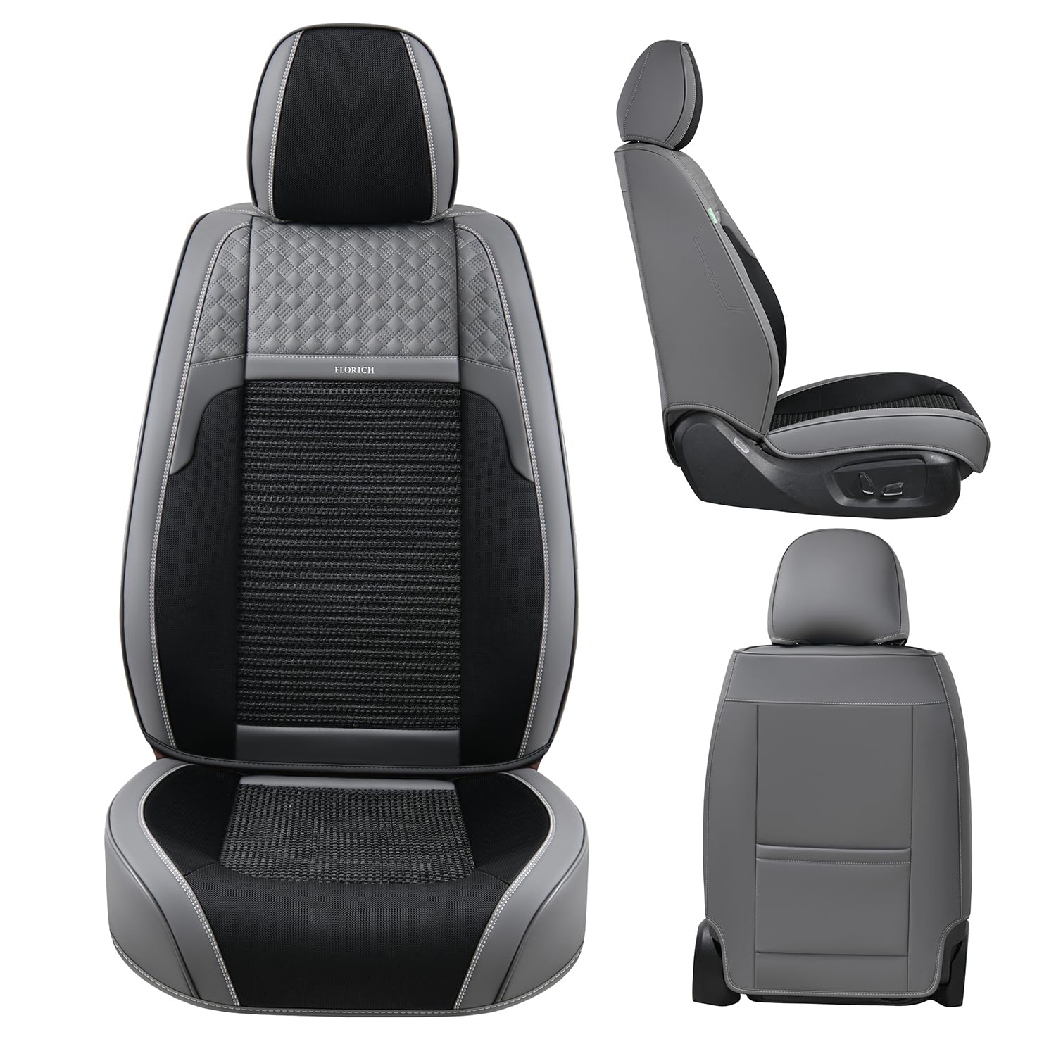 FLORICH Coprisedili per Auto, Tessuto Traspirante e Pelle Nappa Coprisedili Anteriori e Posteriori 5 PZ, Set Completo Universale Adatto per La Maggior Parte delle Auto, Berline, SUV e Camion