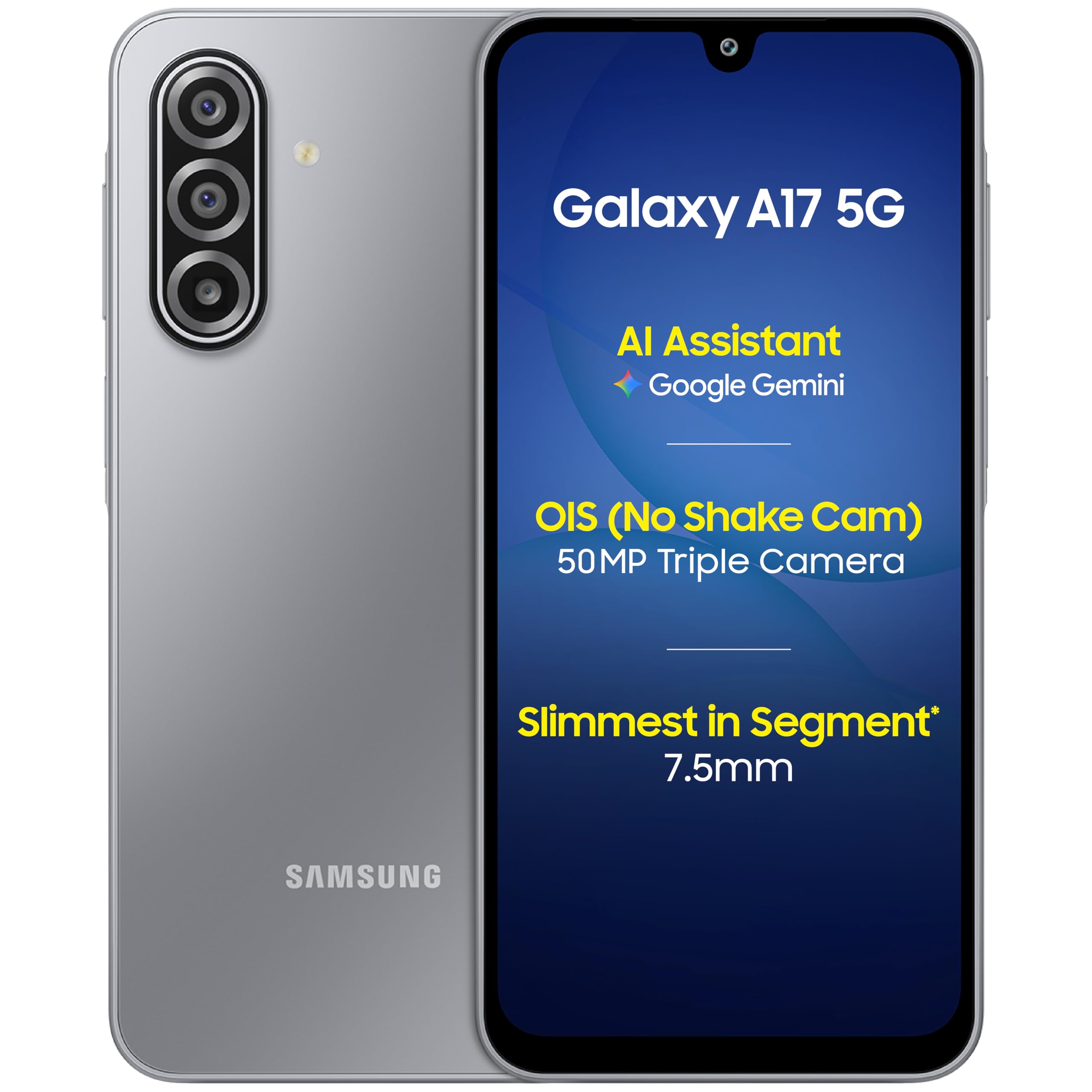 samsung galaxy a17 5g (gray, 8gb ram, 256gb storage) | 50 mp no shake camera | gemini live | circle to search | super amoled | corning gorilla glass victus | 7.5mm sleek | ai