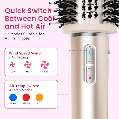 Miniatura 6 de Cepillo secador de pelo de 1400 W - Estilizador redondo de aire caliente con alta velocidad para soplar y peinar el cabello