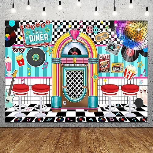 Fondo de fiesta retro de los años 50 de 7 x 5 pies, decoración de Rock and Roll Sock Hop de los años 50, fondo de fotografía, accesorios para cabina