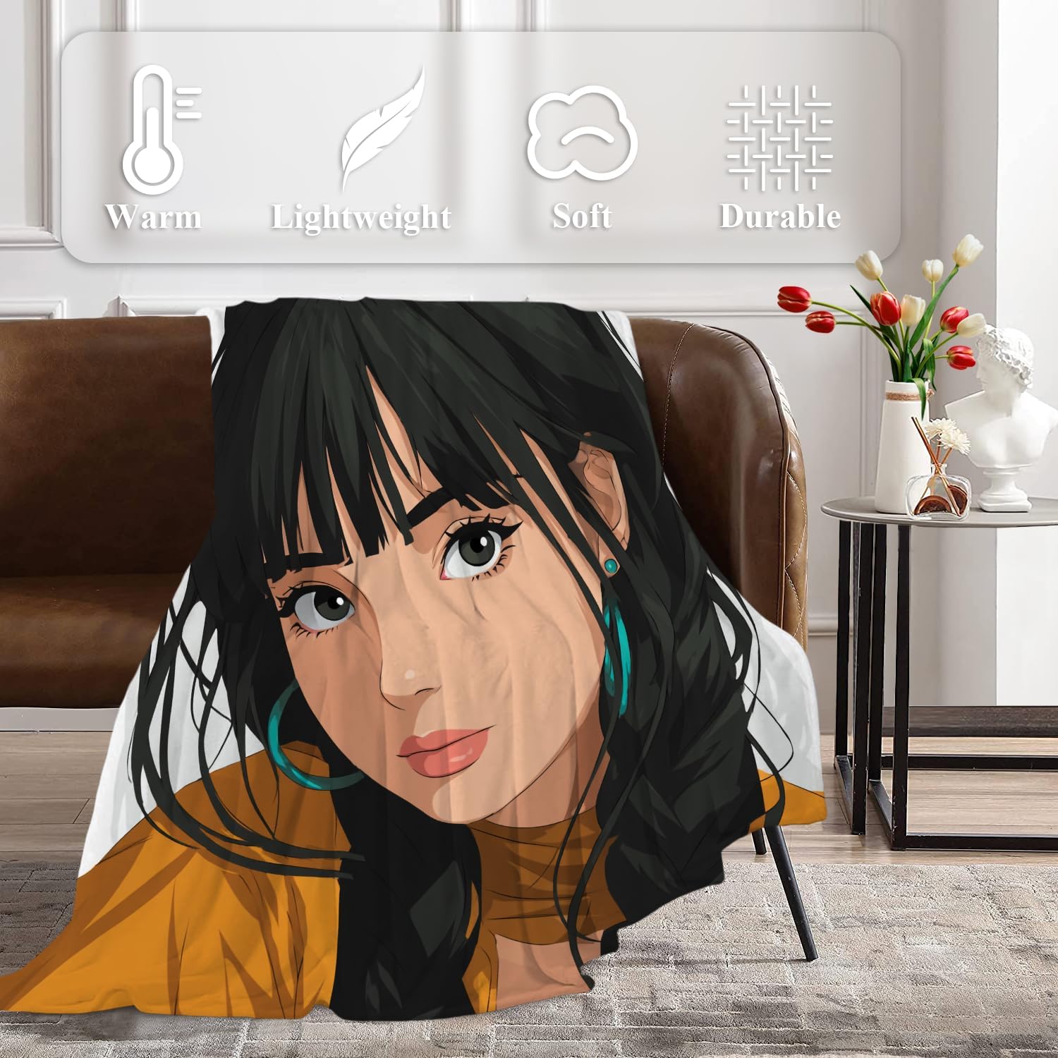 Hot Anime Girl Manga Cartoon Soft Throw Blanket for Couch, Portrait of Young Girl Warm Lightweight Blanket for Bed Washable Camping Office Dorm Room, 150X100Cm image 3