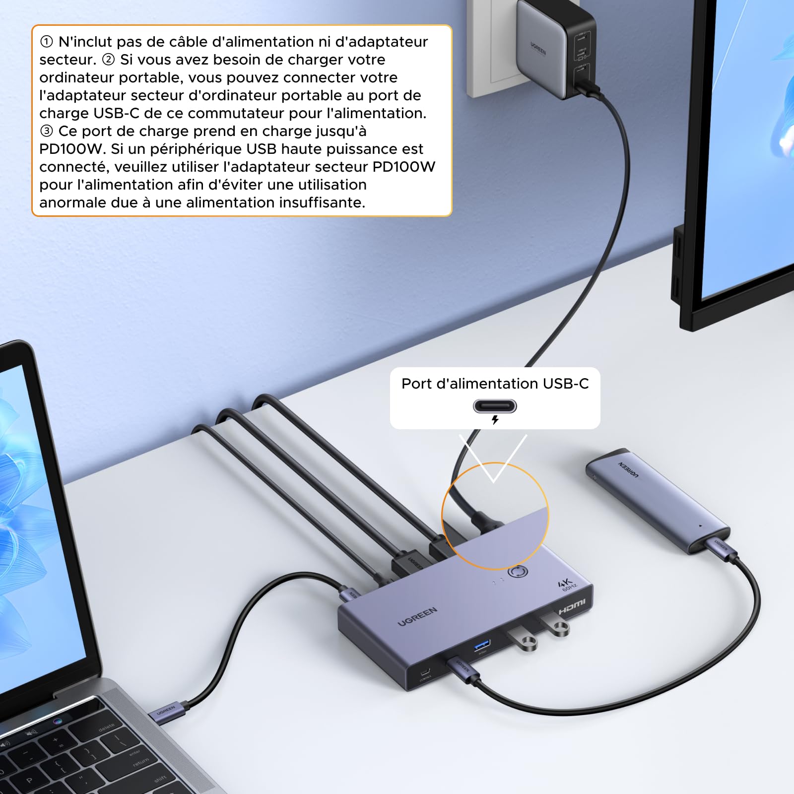 UGREEN KVM Switch HDMI USB C 4K 60Hz 2 Entrées 1 Sortie Commutateur KVM | 4 Ports USB 3.0 3A1C 5Gbps Compatible avec MacBook PS5 Ordinateur Hôte Steam Deck Câble HDMI et Câble USB-C Vidéo Inclus