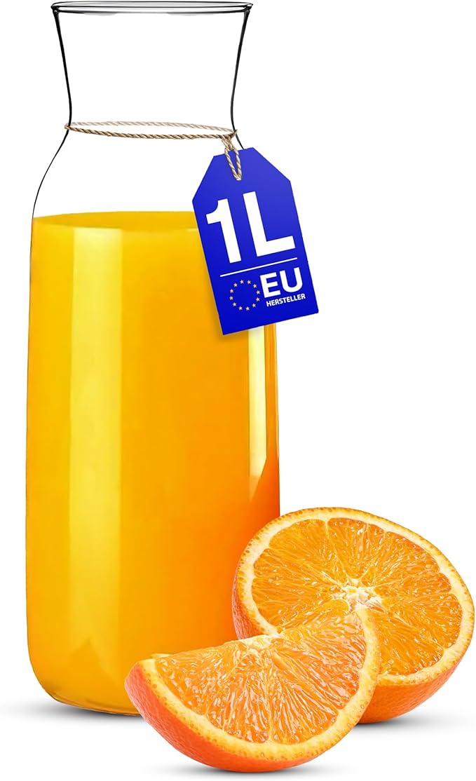 KONZEPT Wasserkaraffe ohne Deckel, Glaskaraffe 1 liter, Karaffe ideal für Wasser, Saft, Wein, Limonade, Coctails und Milch