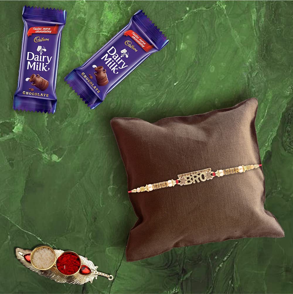 SFU E Com Bro Design Rakhi with 2 Pieces Dairy Milk Chocolates | Rakhi Chocolate Gift for Brother|Roli, Chawal, Chandan, Misri | 041