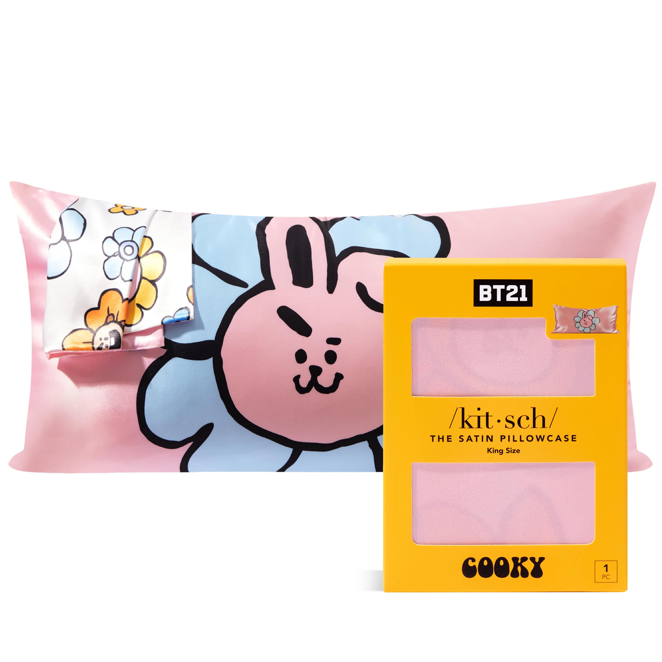 Kitsch x BT21 Satin Pillowcase with Zipper – Better Than Silk Pillowcase, Cooky Character & Funky Floral Print – Soft Cooling Toddler Bed Time Pillow Case for Hair & Skin – King Size 19x36