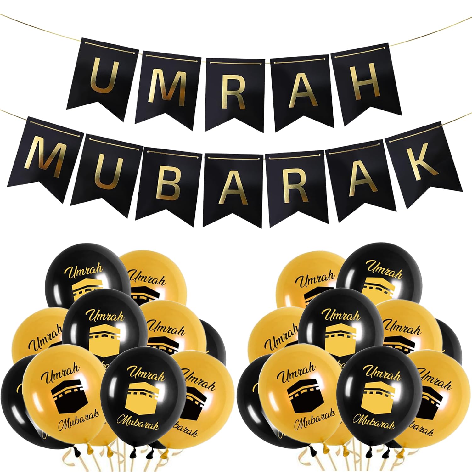 Umrah Mubarak Decoration Set, Black Gold Umrah Mubarak Banner and 10 Pcs Umrah Mubarak Balloons, Eid Ramadan Decorations