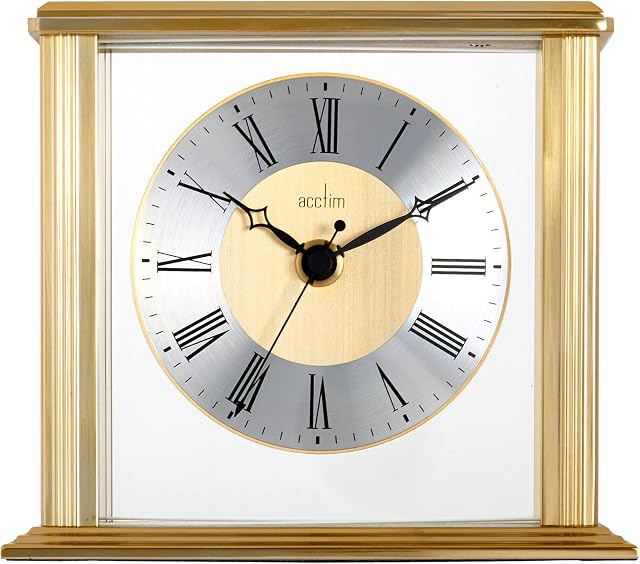 Acctim Hamilton Mantel Clock Quartz Brushed Metal & Glass Floating Effect Energy Efficient Brass