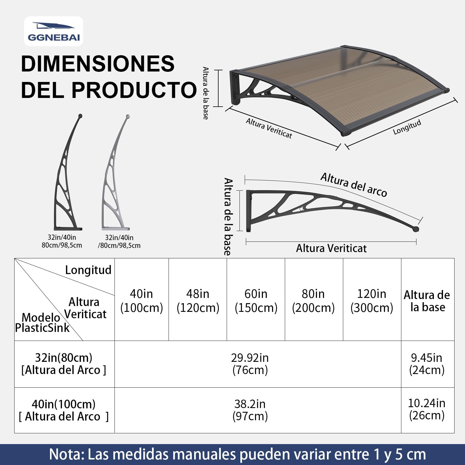 Marquesina para Puerta Exterior 150x80 CM, Tejadillo de Protección contra Lluvia y Rayos UV, Cubierta de Policarbonato para Puertas, Ventanas, Porches, Patios y Terrazas