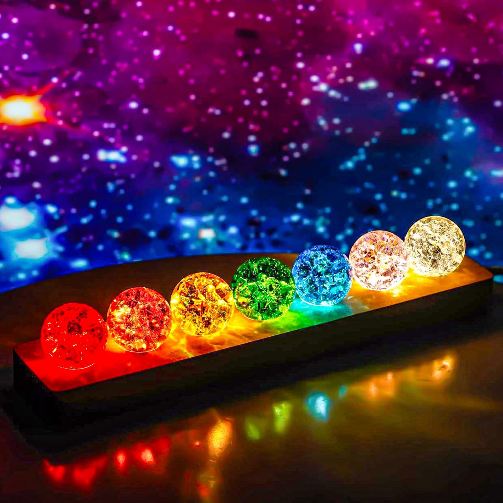 Refein 7 Color Crystal Ball with LED Wooden Base, Ice Cracked Chakra Spheres Night Light 40mm Glass Ornaments for Home Decor Meditation Gifts