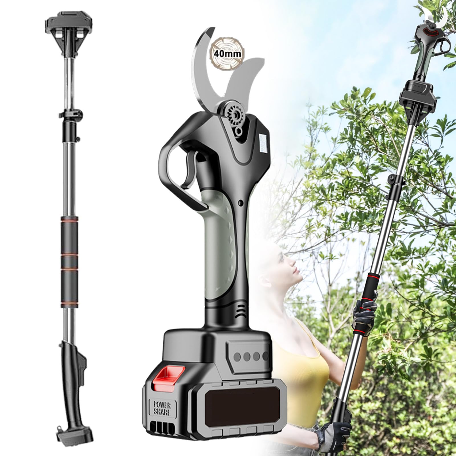 Tijeras de podar eléctricas - Tijeras de podar eléctricas profesionales de 40 mm con 2 baterías de 21 V / 4500 mAh - Tijeras de podar inalámbricas para jardinería Vides Árbol frutal,1battery
