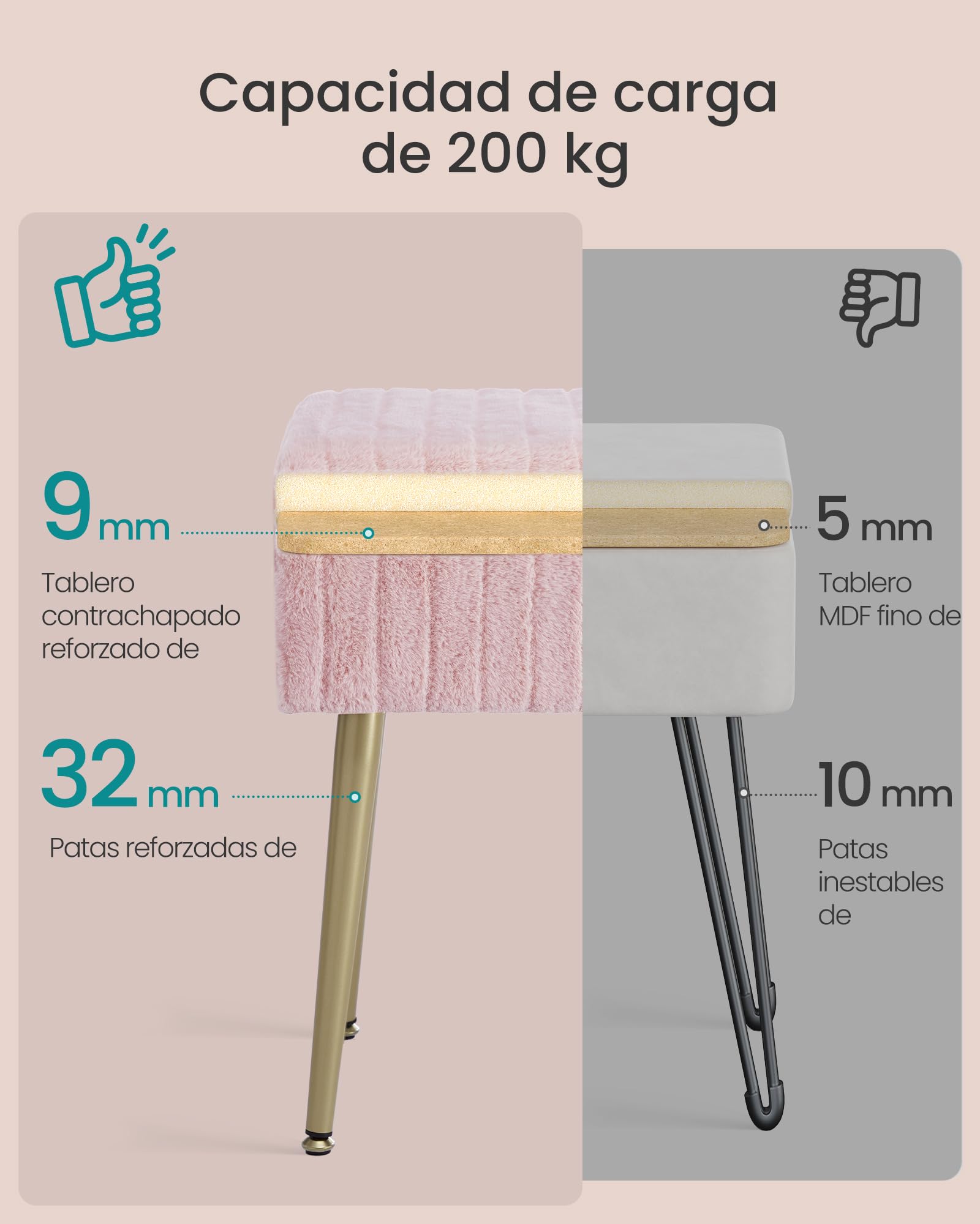 SONGMICS Taburete de Tocador, Banco de Maquillaje con Espacio, Reposapiés, Patas de Metal, Acolchado, Pies Ajustables, para Sala de Estar, Dormitorio, Rosa Jalea LOM505SZ02