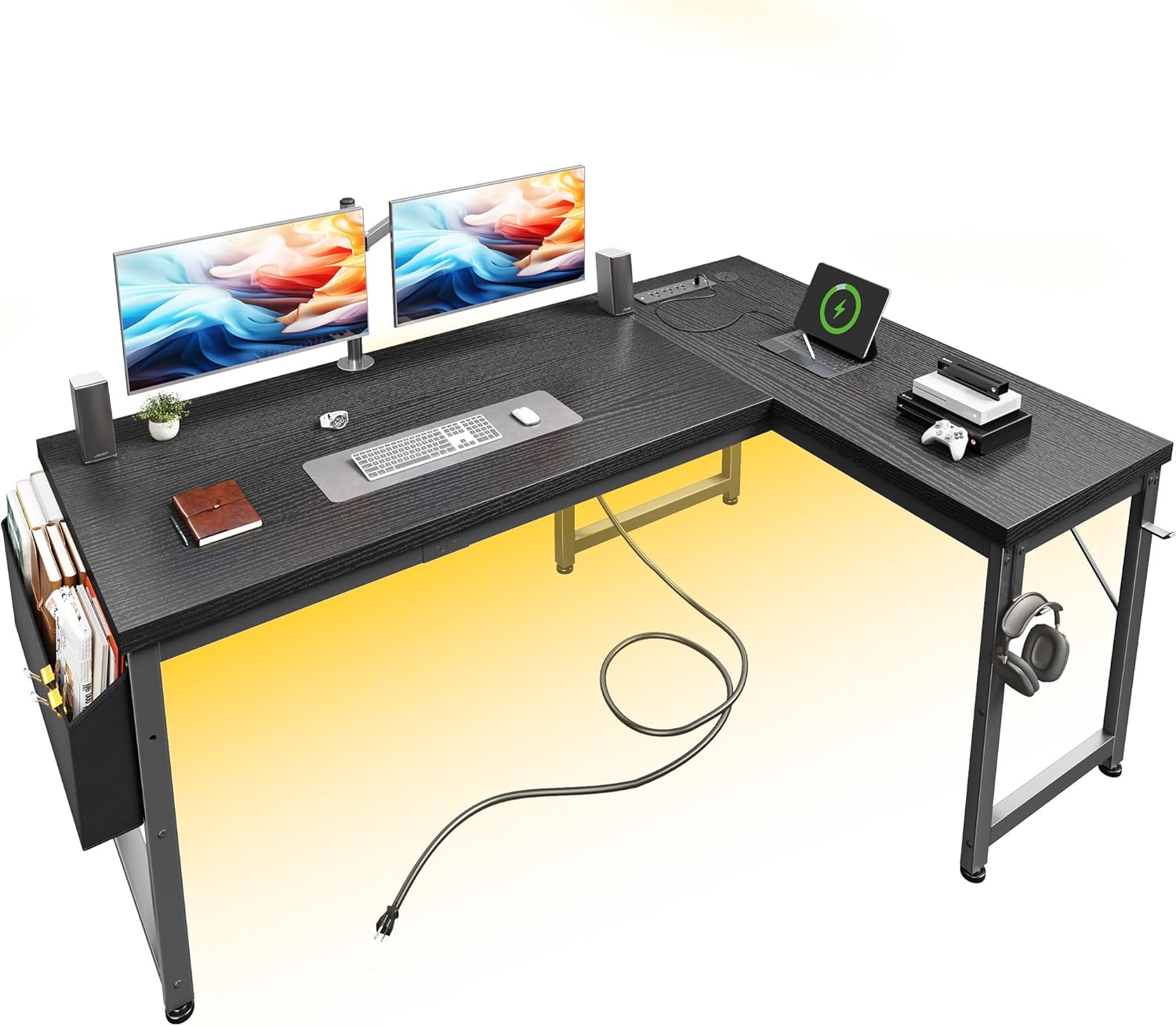 L Shaped Desk Gaming Desk with Power Outlets & 0.95 Inch Thicker Desktop, Computer Desk with Storage Bag, Corner Desk with LED Lights, Reversible Office Desk for Home, Living,Bedroom, Black