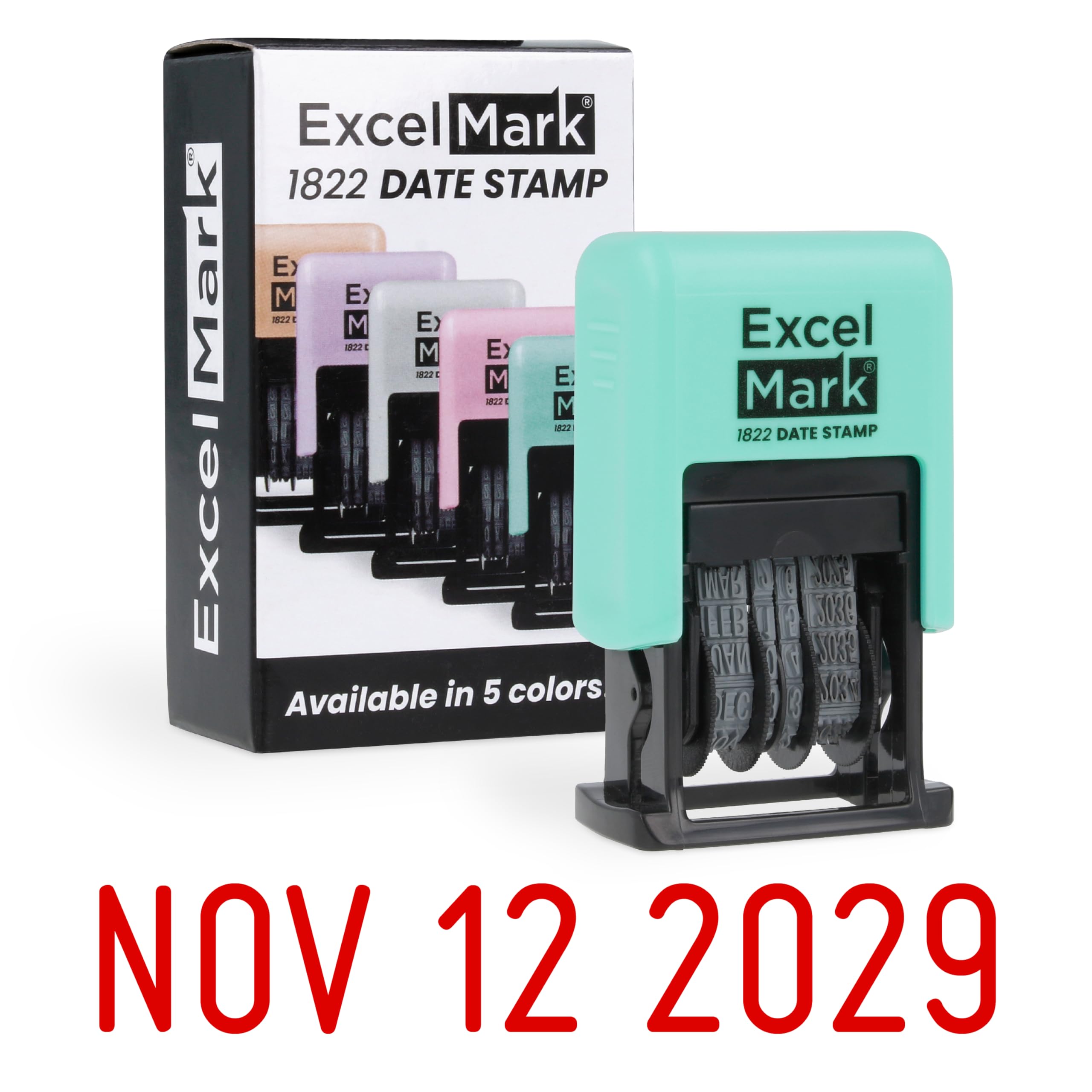 ExcelMark 1822 Date Stamp – Perfect for Shipping, Receiving, Expiration and Due Dates (Red Ink, Seafoam Mount)
