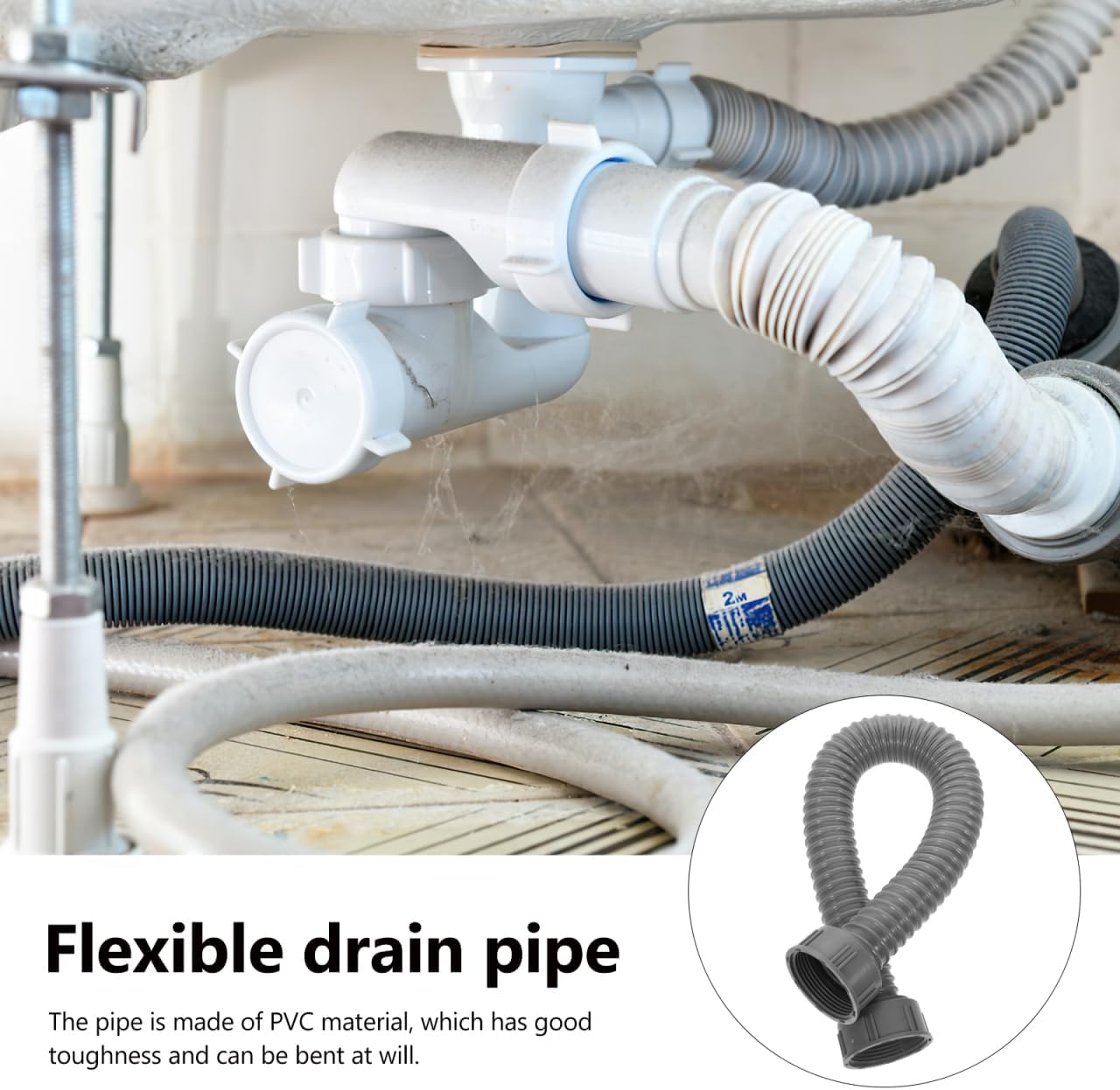VILLCASE Flexible Drain Hose 45.2mm Internal Thread, Double Ended Sink Drain Pipe 19.6 Inch, Expandable Corrugated Tube for Bathroom Basin, Laundry Tub and Vanity Plumbing Repair (Grey)