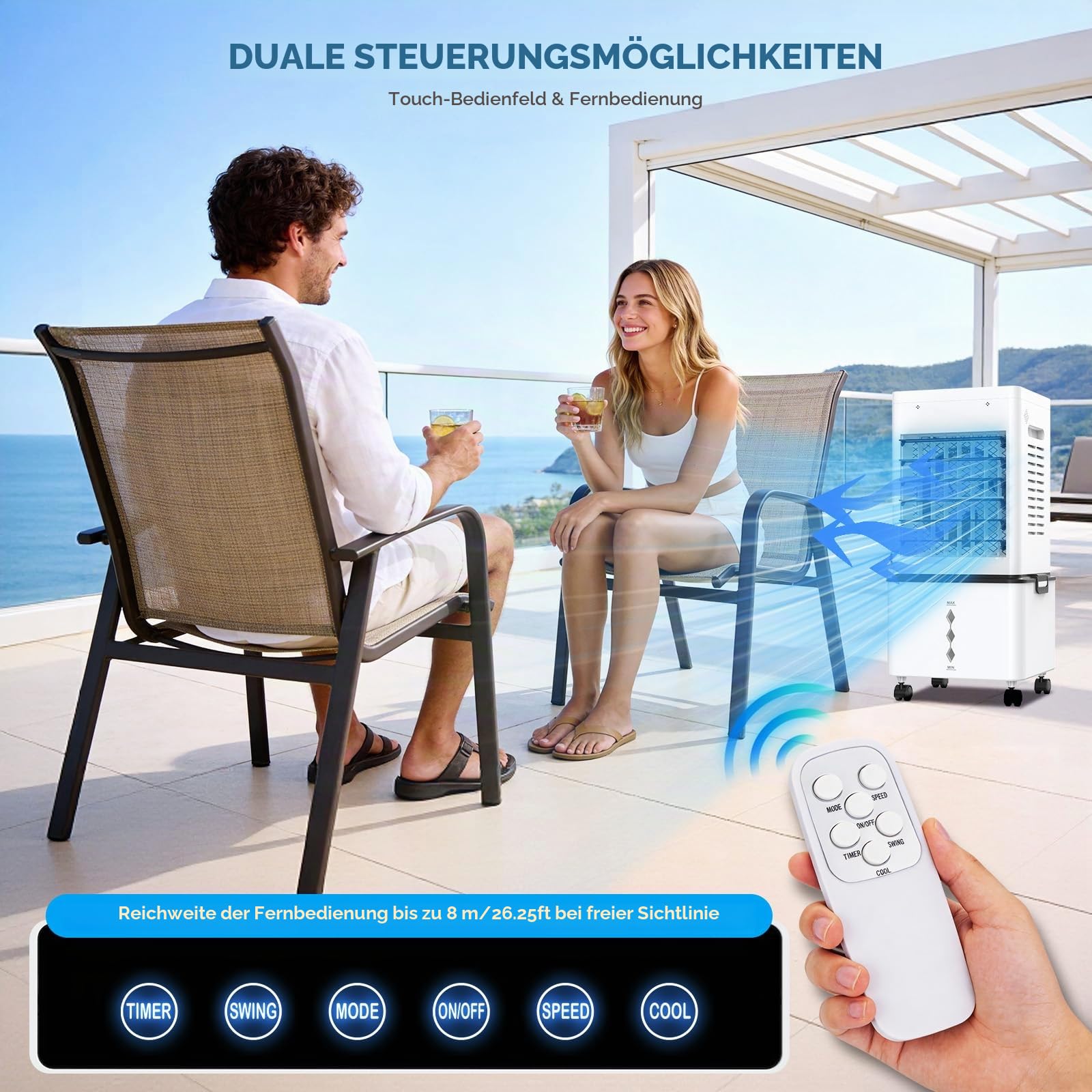 Mobile Klimaanlage, Luftkühler 12L Mobiles Klimagerät ohne Abluftschlauch, Verdunstungskühler mit Fernbedienung, 6 Stufen, 24H Timer, 40 dB Leise, Portable Air Conditioner Räume Büro Schlafzimmer