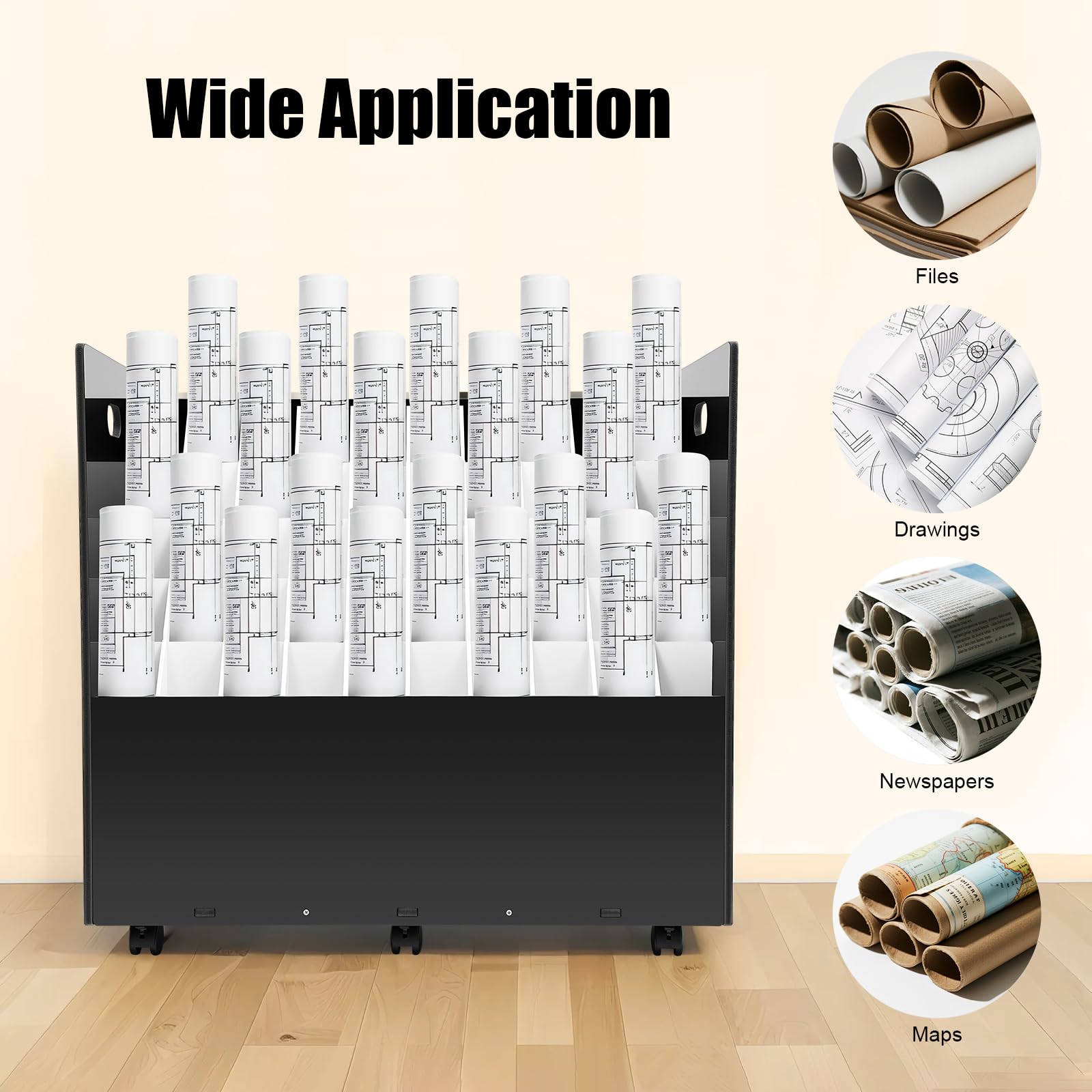 Roll File Organizer, contenitore con 50 scomparti, divisorio rimovibile, sistema di archiviazione a 6 ruote, organizzatore ufficio per scheda architettonica, casa, ufficio, scuola, 76 x 40