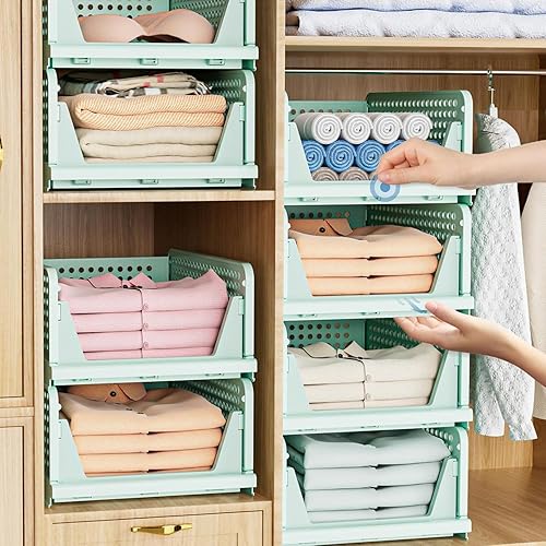 Miniatura 5 de Paquete de 5 cajas de almacenamiento plegables para armario, contenedores de almacenamiento apilables, cesta de cajón de plástico para armario,