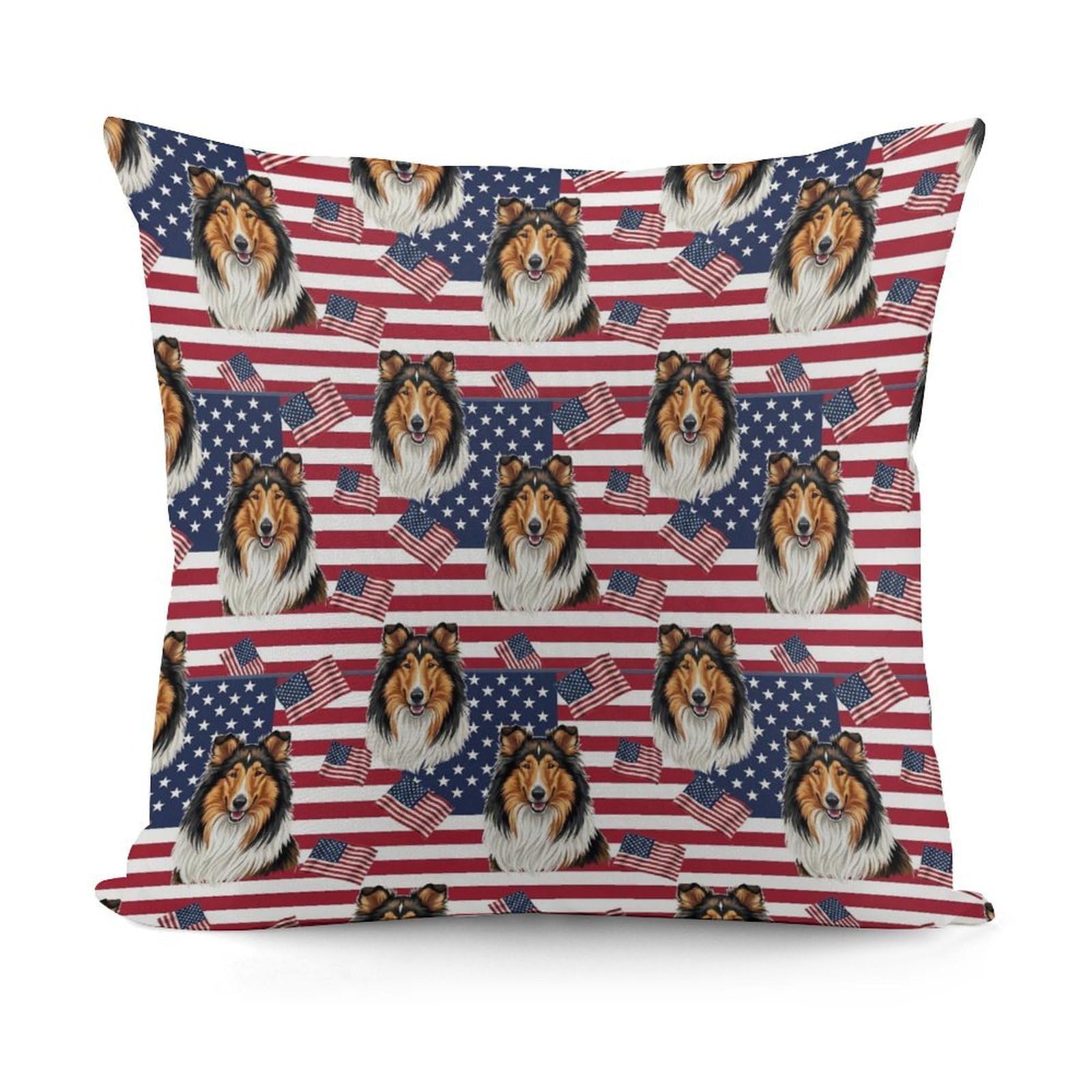 Smazdfxx Picture(25) Soft Andffy Shetland Sheepdog Dog American Flag Square Cushion Cover With Zipper For Sofa, Couch, Living Room Decorative