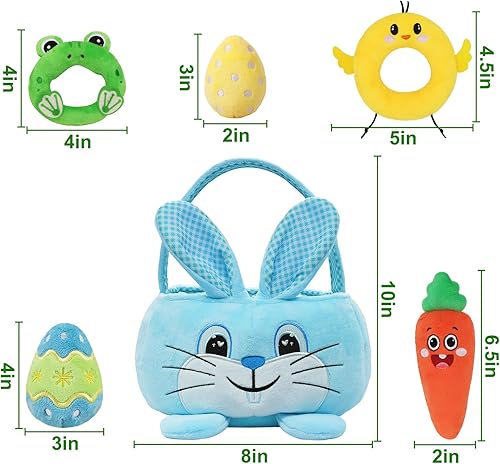 Miniatura 7 de Treory Juego de la primera canasta de Pascua para bebé, 6 unidades, con conejito rosa, pollo, zanahoria, huevo, rana, cesta de Pascua, juguetes,