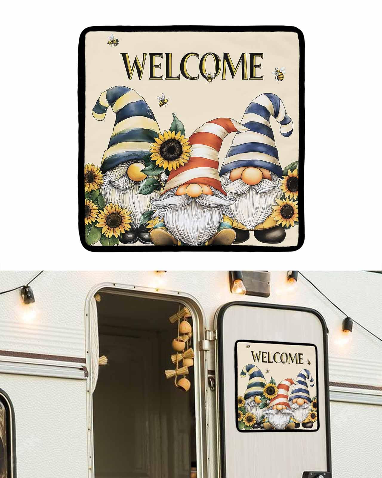 LEOKOTI RV Door Window Shade, Sunflower Gnomes Blackout RV Window Shades Foldable, Yellow Summer Botanical Striped Bee Vintage Privacy Insulation Car Covers 16