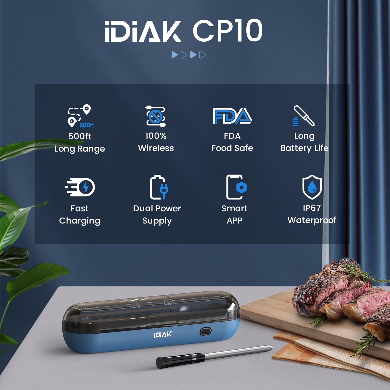 Termómetro inalámbrico para carne para asar y ahumar, 500 pies, sensor de carne, termómetro inteligente para barbacoa, horno, barbacoa, ahumador, sous vide, color azul