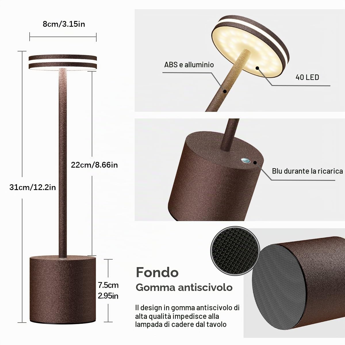 Lampada da Tavolo Ricaricabile 2 Pezzi LED 5000mAh Senza Fili USB,Comodino | Luce a Batteria USB Dimmerabile,3 Modalità di Colore,per Scrivania Esterno Tavola Ristorante,Alluminio,Marrone(Ruggine)