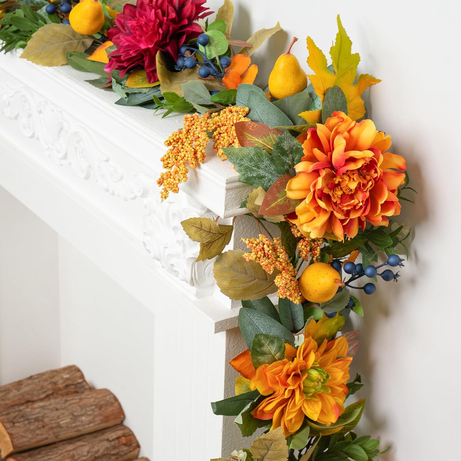9 FT Fall Garland for Mantle- Fall Leaves Garland with Realistic Pumpkins,Vibrant Dahlia Peony Flowers,Pear,Blueberries and Eucalyptus&Maple Leaf for Fireplace,Thanksgiving Table Centerpiece