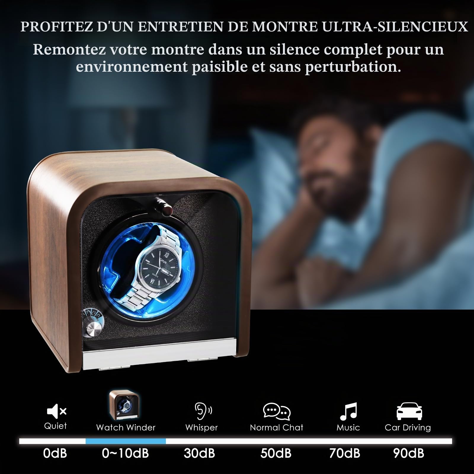 GAIN EXPRESS Remontoir Montre Automatique, Simple Tourne Montre avec 4 Modes de Rotation Remontoir avec Éclairage LED Bleu, Rembourrage en Mousse, Boîte de Rangement pour Montres Automatiques