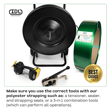 IDL Packaging 5/8 x .035 x 4000' Polyester (PET) Strapping Roll of 16 x 6 Core Size, 1400 lbs Break Strength, Green - UV, Water, and Rust Resistance - Affordable and Lightweight Poly Strapping