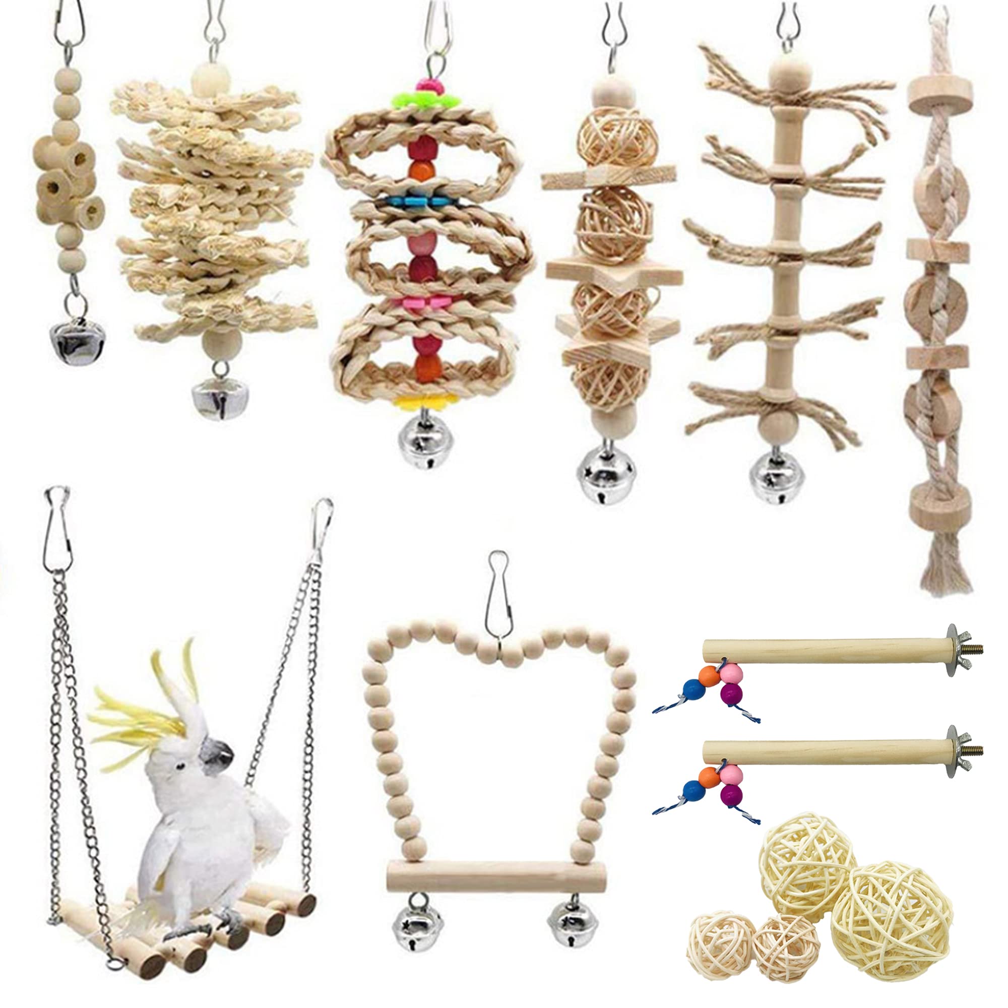 Allazone 14 Pz Juguetes para Pájaros, Escalera de Madera, Pájaros Juguetes con Campanas Que Cuelga la Perca Juguete para Pequeños y Medianos Loros de Aves