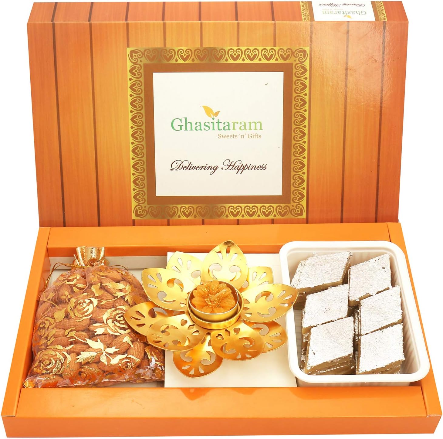 Ghasitaram Gifts - Kaju Katli, T-Lite and Almonds Pouch|Sweets|Sweets Gift Pack|Diwali Sweets|Indian Mithai|Diwali Sweets Gift Box|Sweets Gift Box