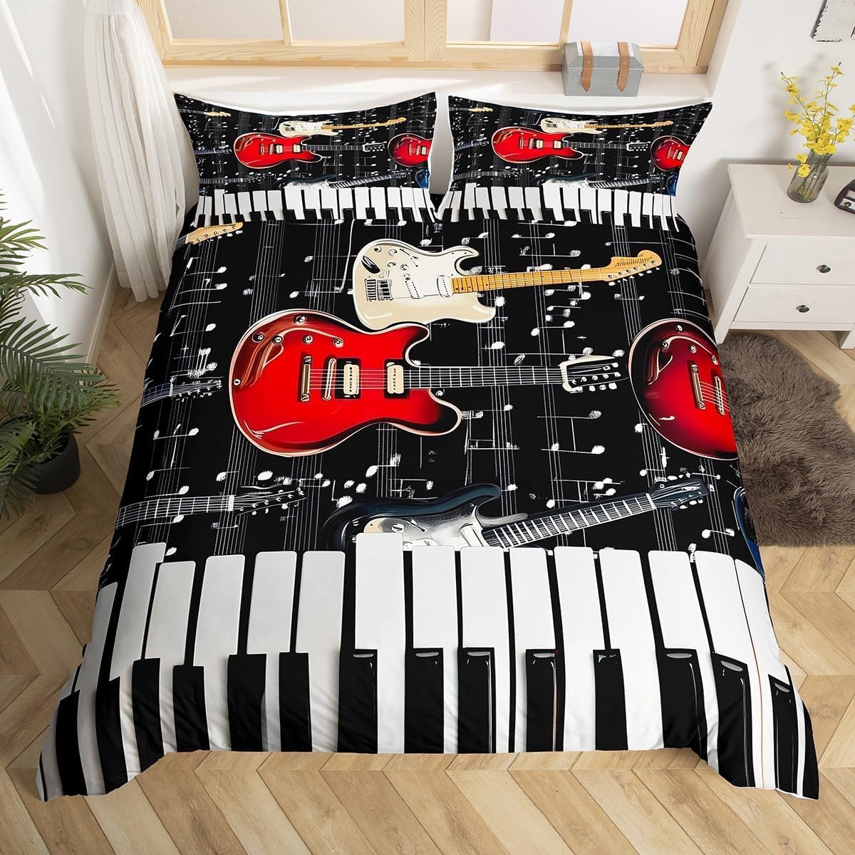 K-915 Pościel z motywem muzycznej rocka, 200 x 200 cm, przyciski fortepianowe, nadruk 3D, zestaw pościeli z zamkiem błyskawicznym i 2 poszewkami na poduszkę 80 x 80 cm, miękka pościel z mikrofibry, na