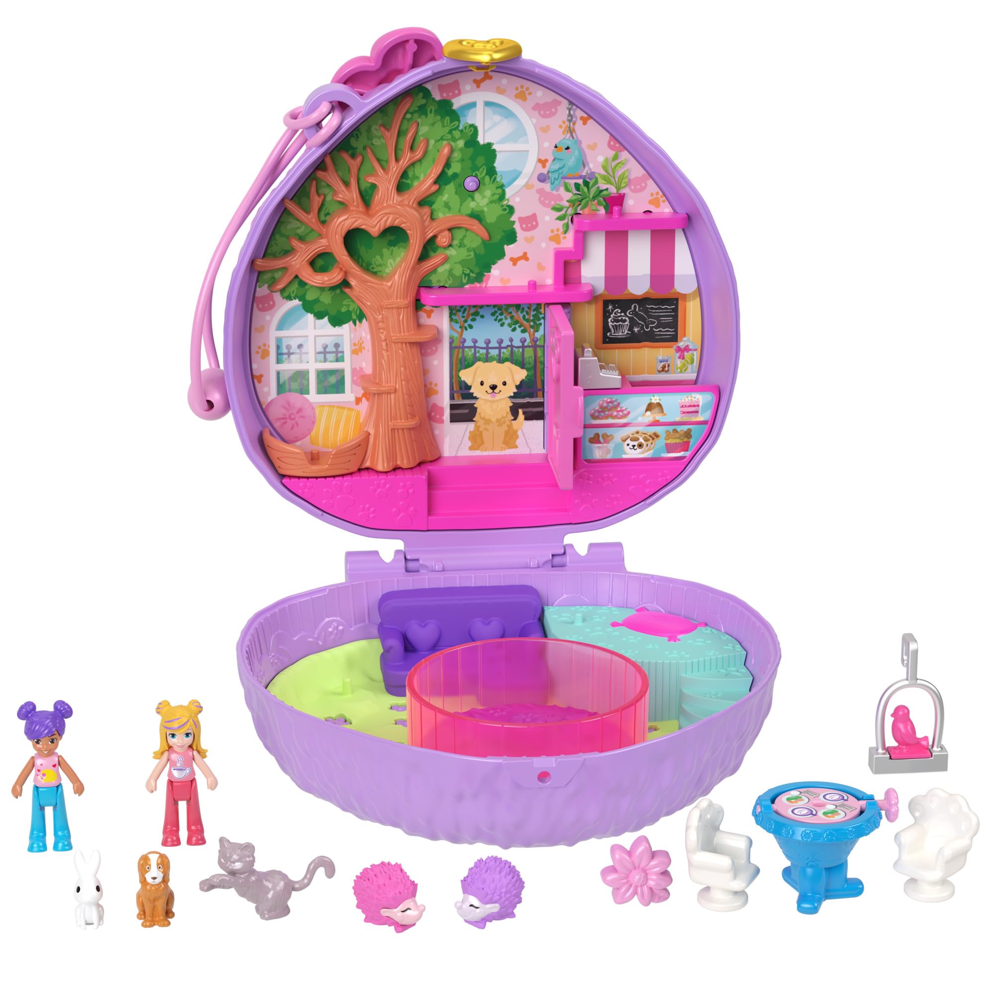 Polly Pocket Igel-Café Schatulle - Spielset mit 2 Puppen, 12 Accessoires und 9 Tieren, drehendes Igel-Rad, aufhängbarer Vogelkäfig und versteckte Snacks, für Kinder ab 4 Jahren, HRD37