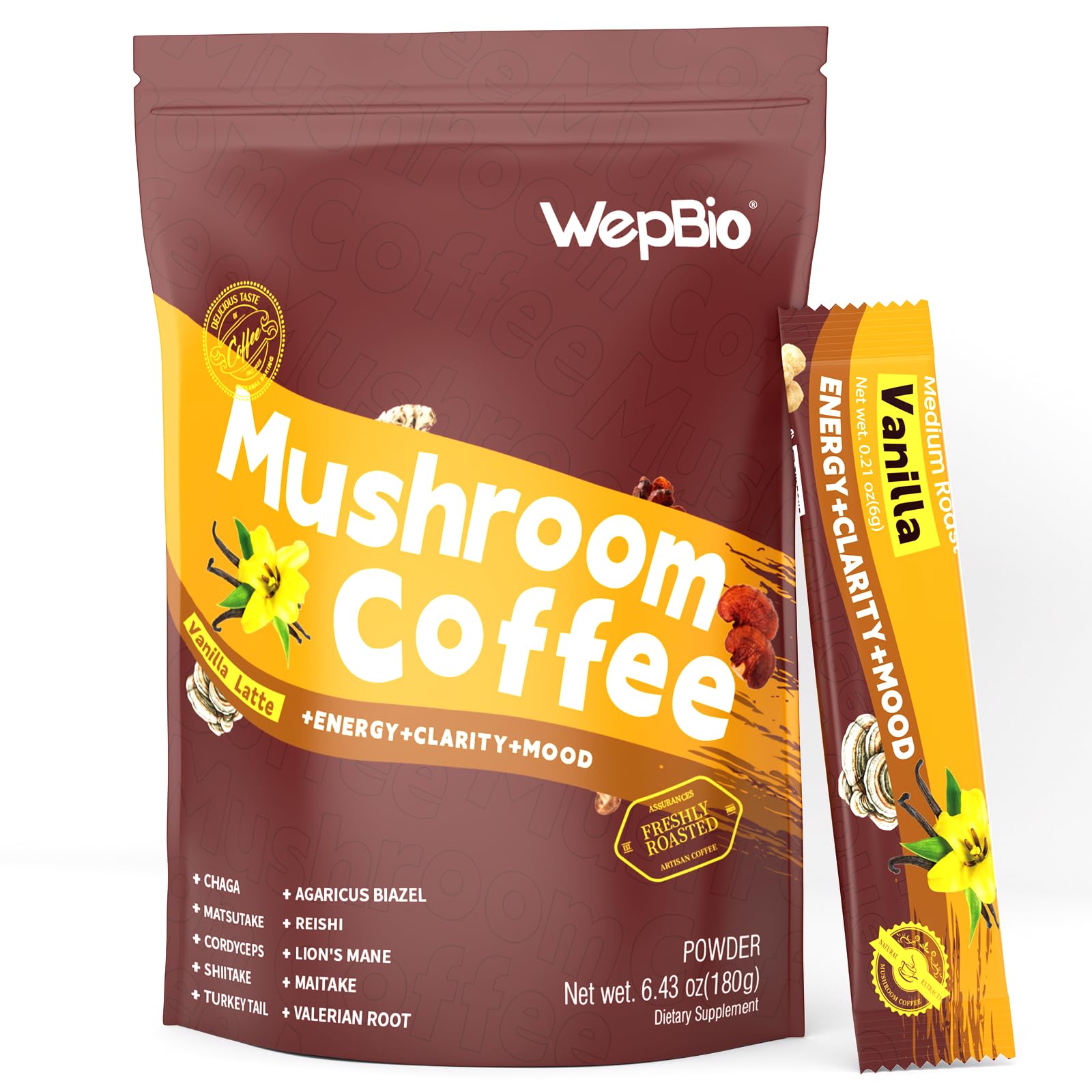 Low Caffeine Vanilla Latte Mushroom Coffee, 30 Packets, Zero Sugar Vanilla Latte Pack of 1